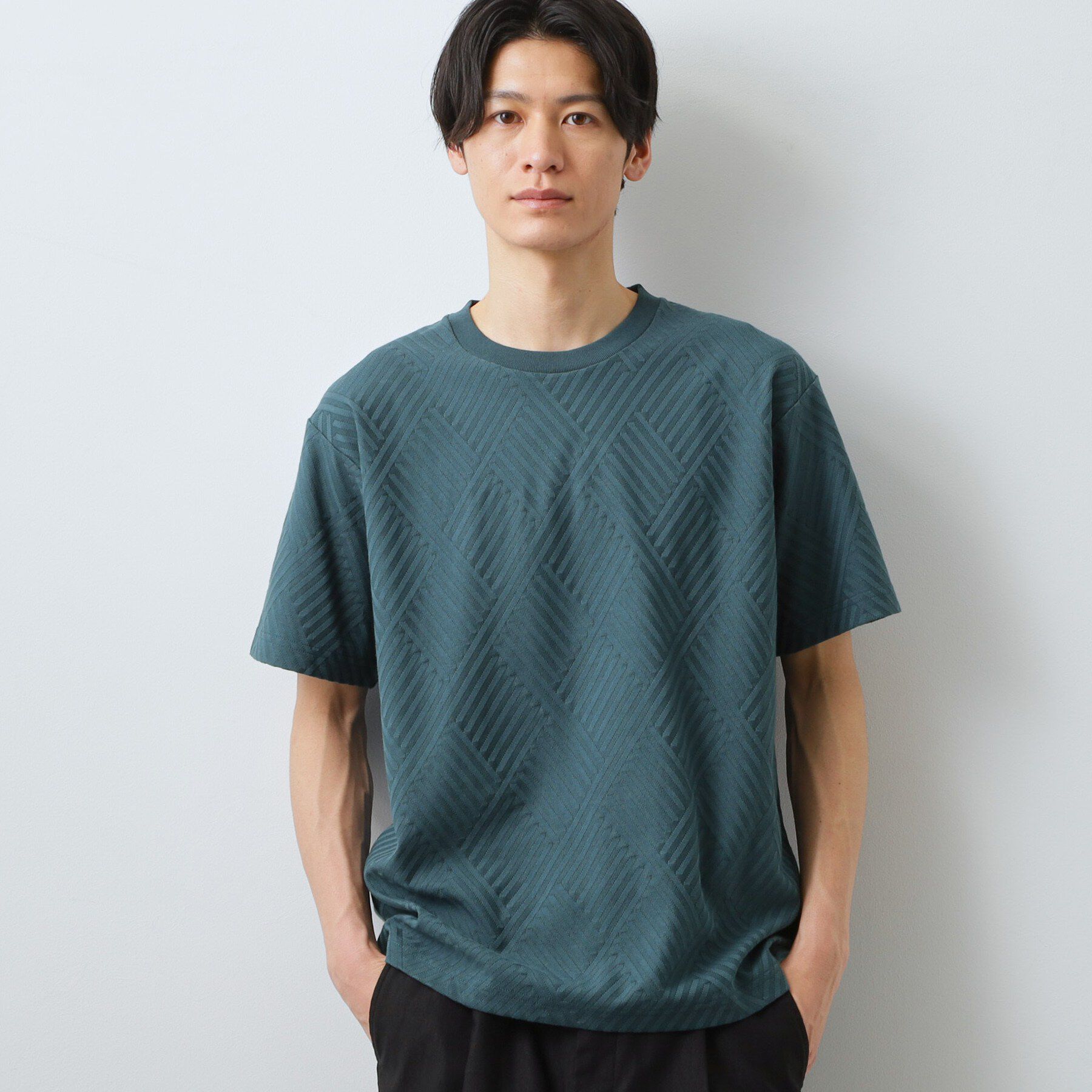 THE SHOP TK「【ジャケットインにもおすすめ！】ジャカード リンクス半袖Tシャツ 洗濯機OK」|Tシャツ・カットソー|ブルーグリーン(09
