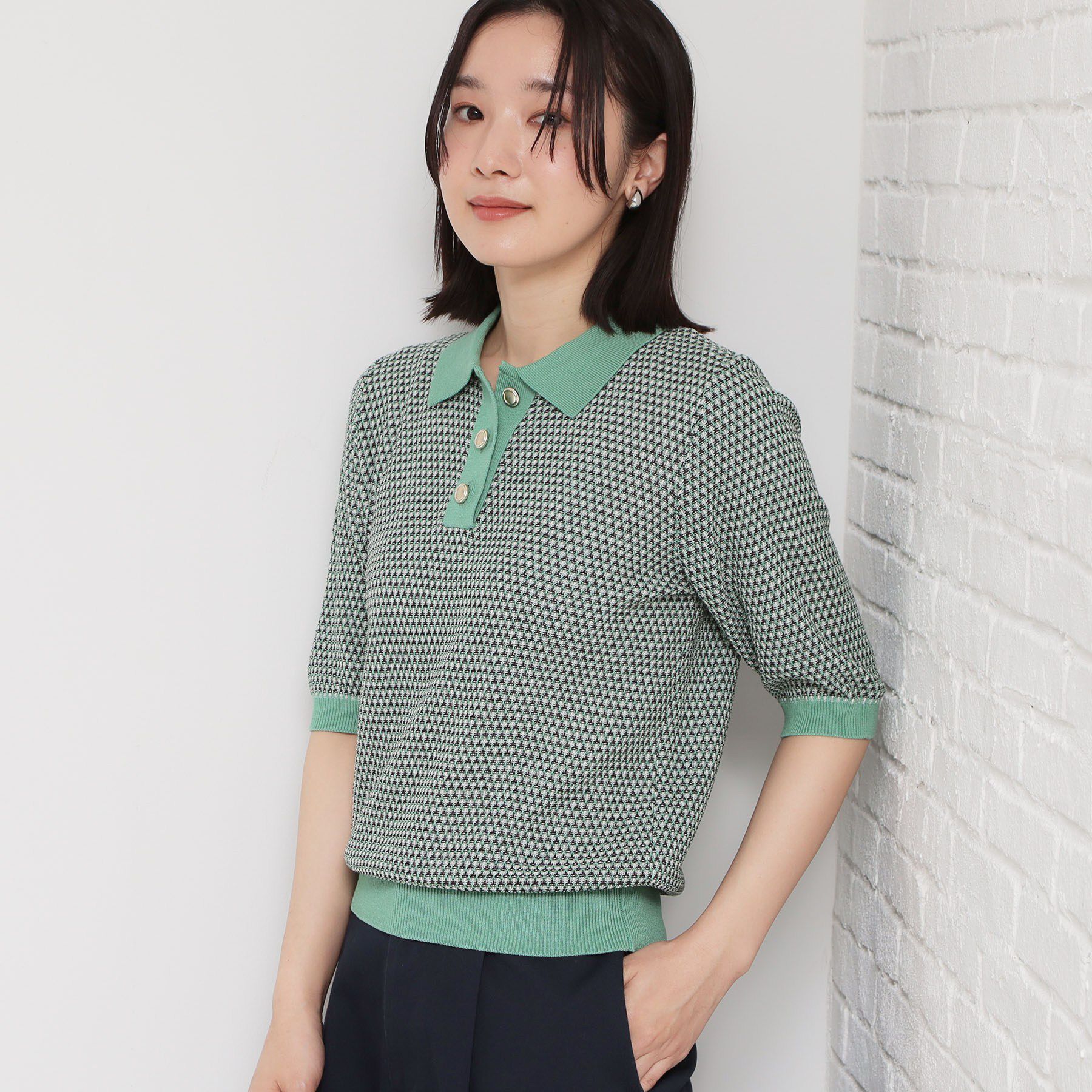 THE SHOP TK「【さらさらタッチ】ジャカードポロニット」|ニット・セーター|チャコールグレー(1