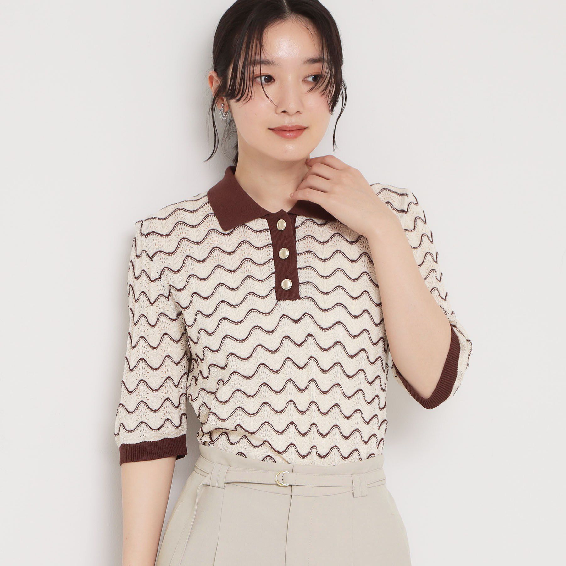 THE SHOP TK「【さらさらタッチ】ジャカードポロニット」|ニット・セーター|ブラウン(343)