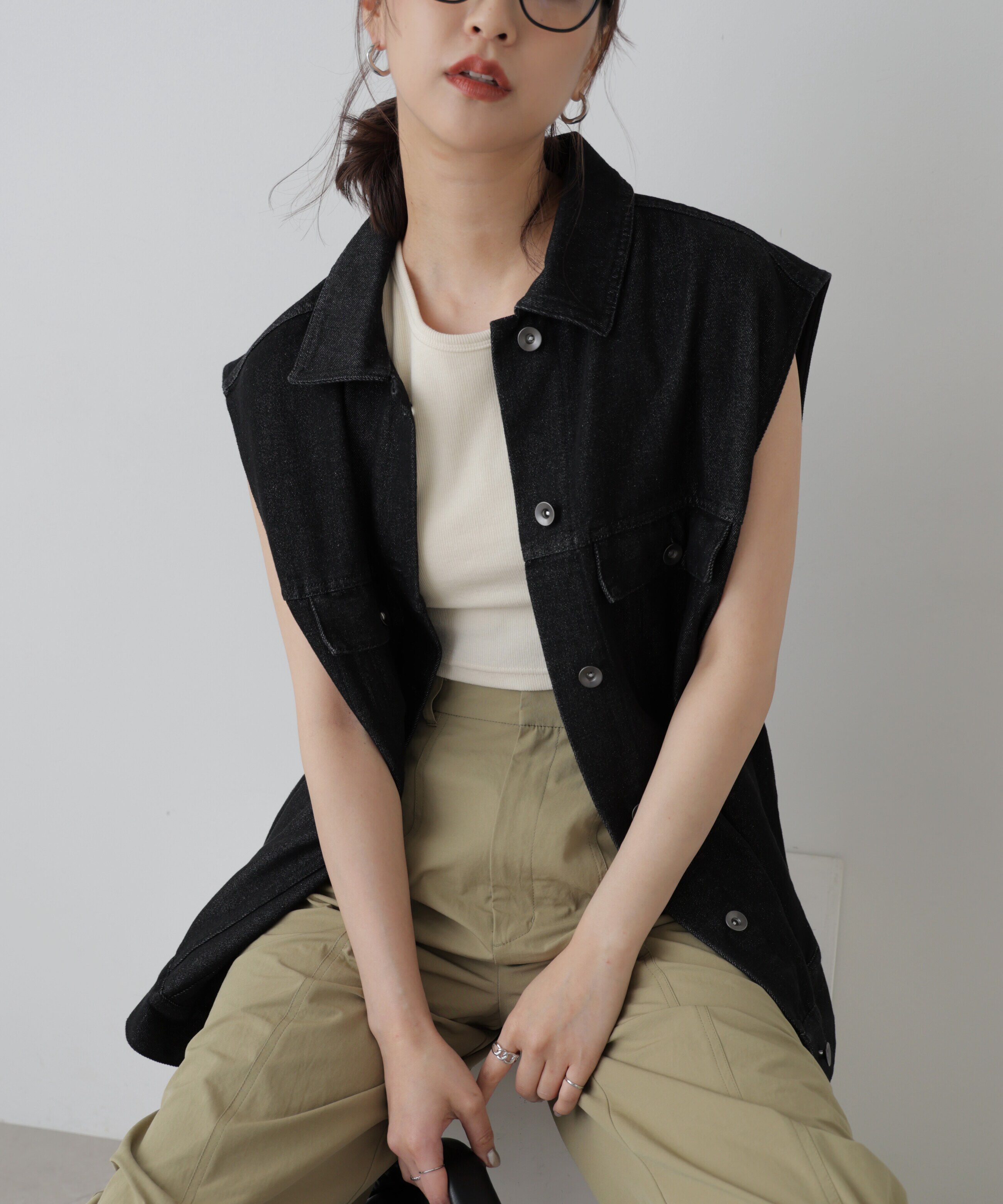  「ミドル丈デニムベスト」|ブルゾン・スタジャン|