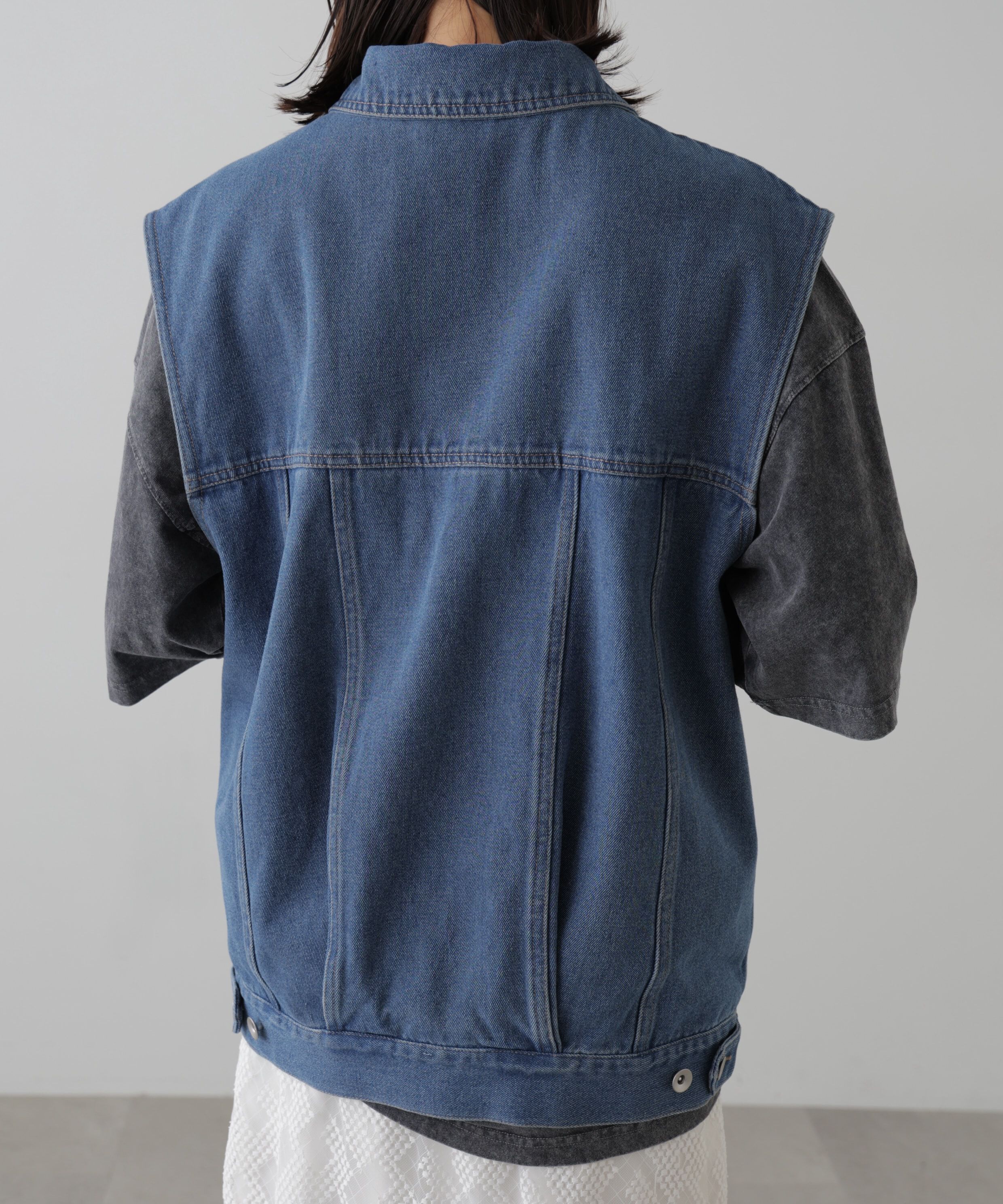  「ミドル丈デニムベスト」|ブルゾン・スタジャン|
