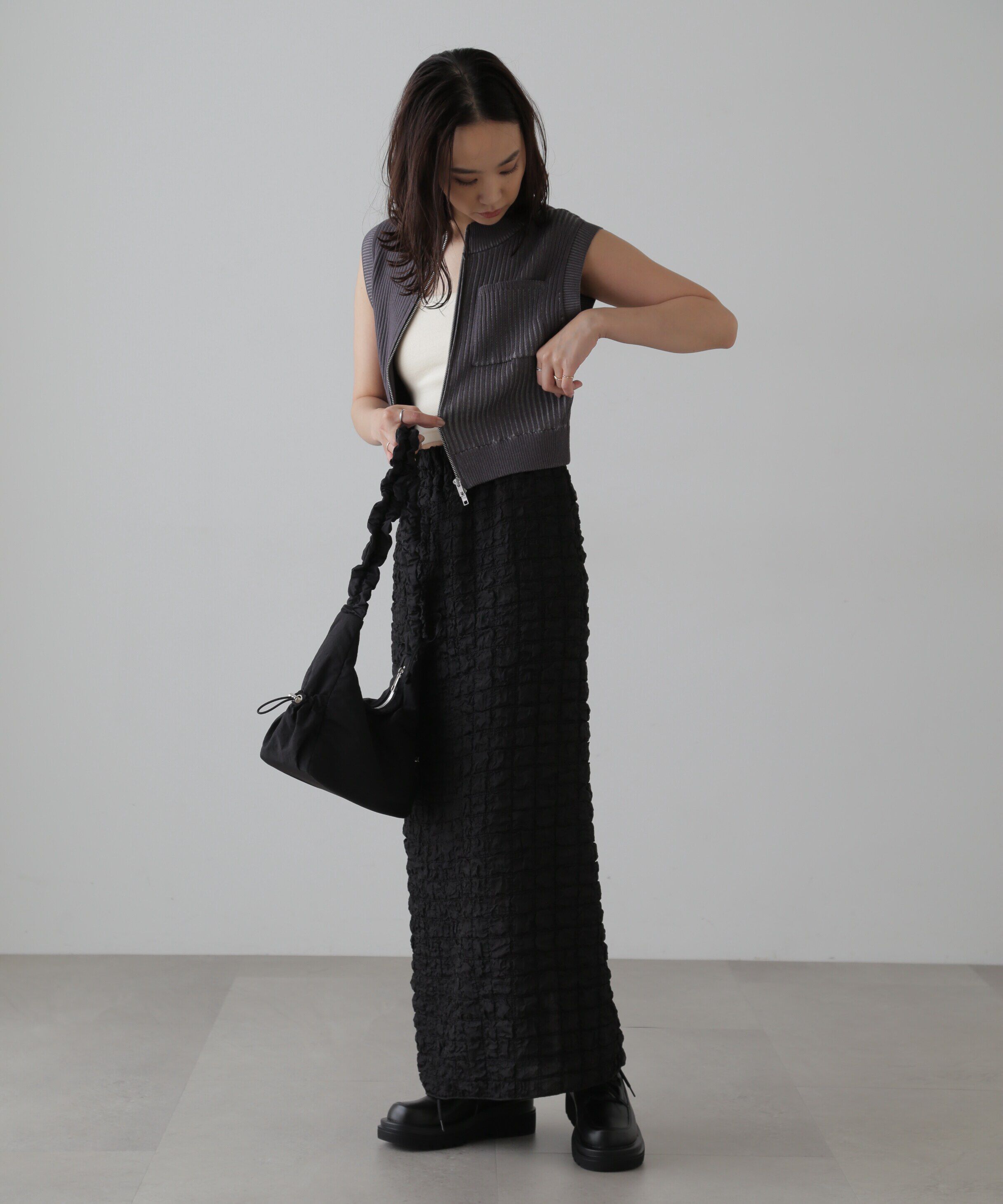  「バイカースタンド配色リブニットベスト」|ニット・セーター|