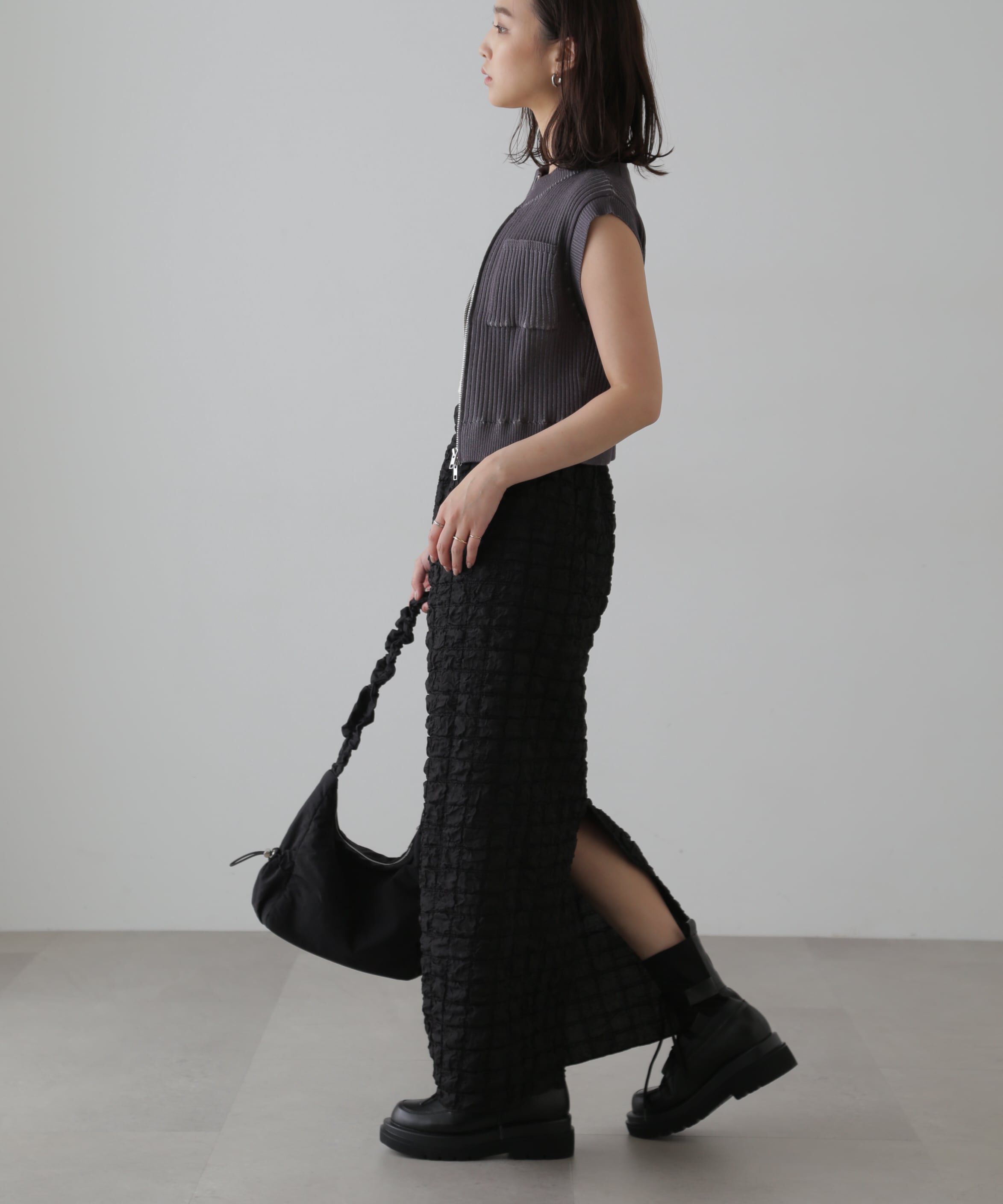  「バイカースタンド配色リブニットベスト」|ニット・セーター|