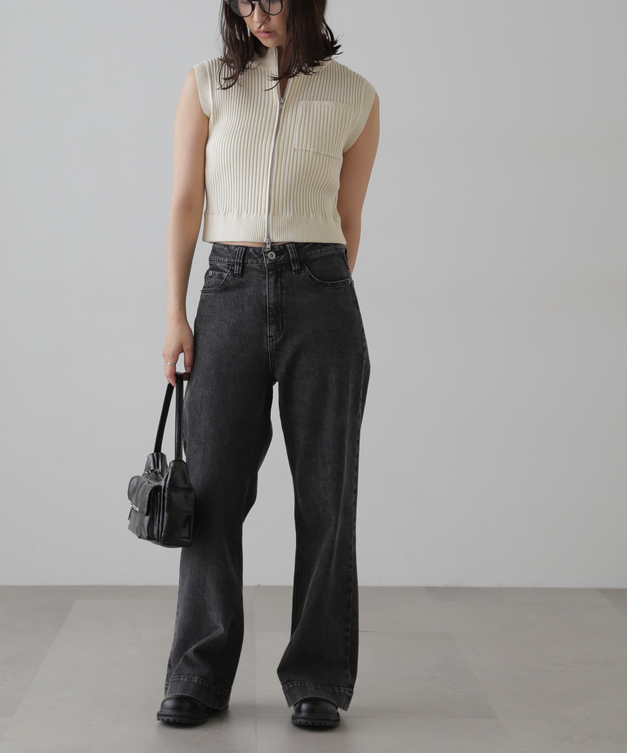  「バイカースタンド配色リブニットベスト」|ニット・セーター|