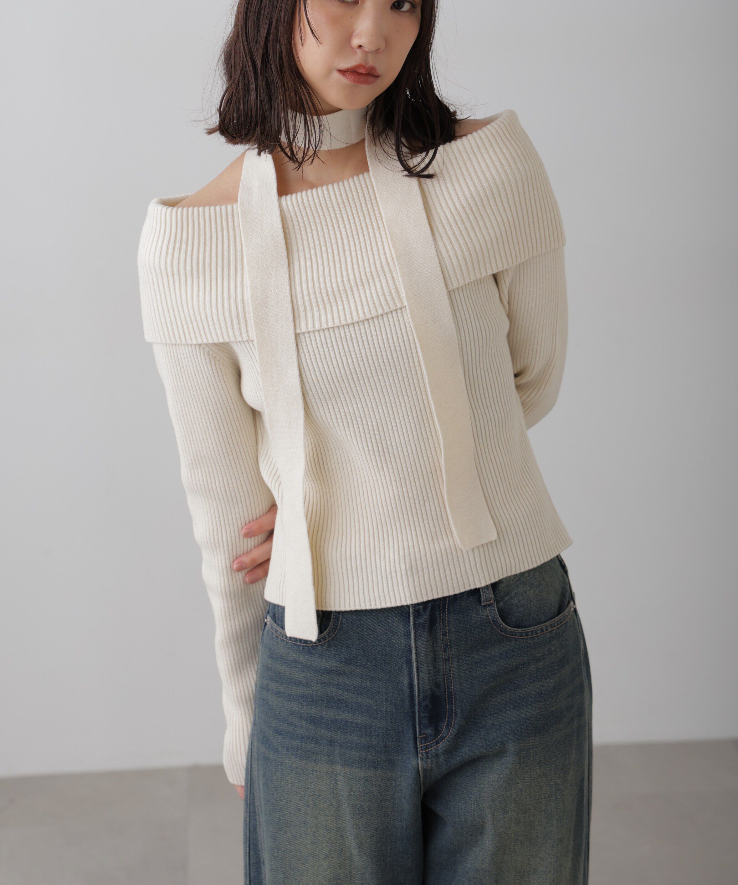  「チョーカー付きオフショルニット」|ニット・セーター|ホワイト