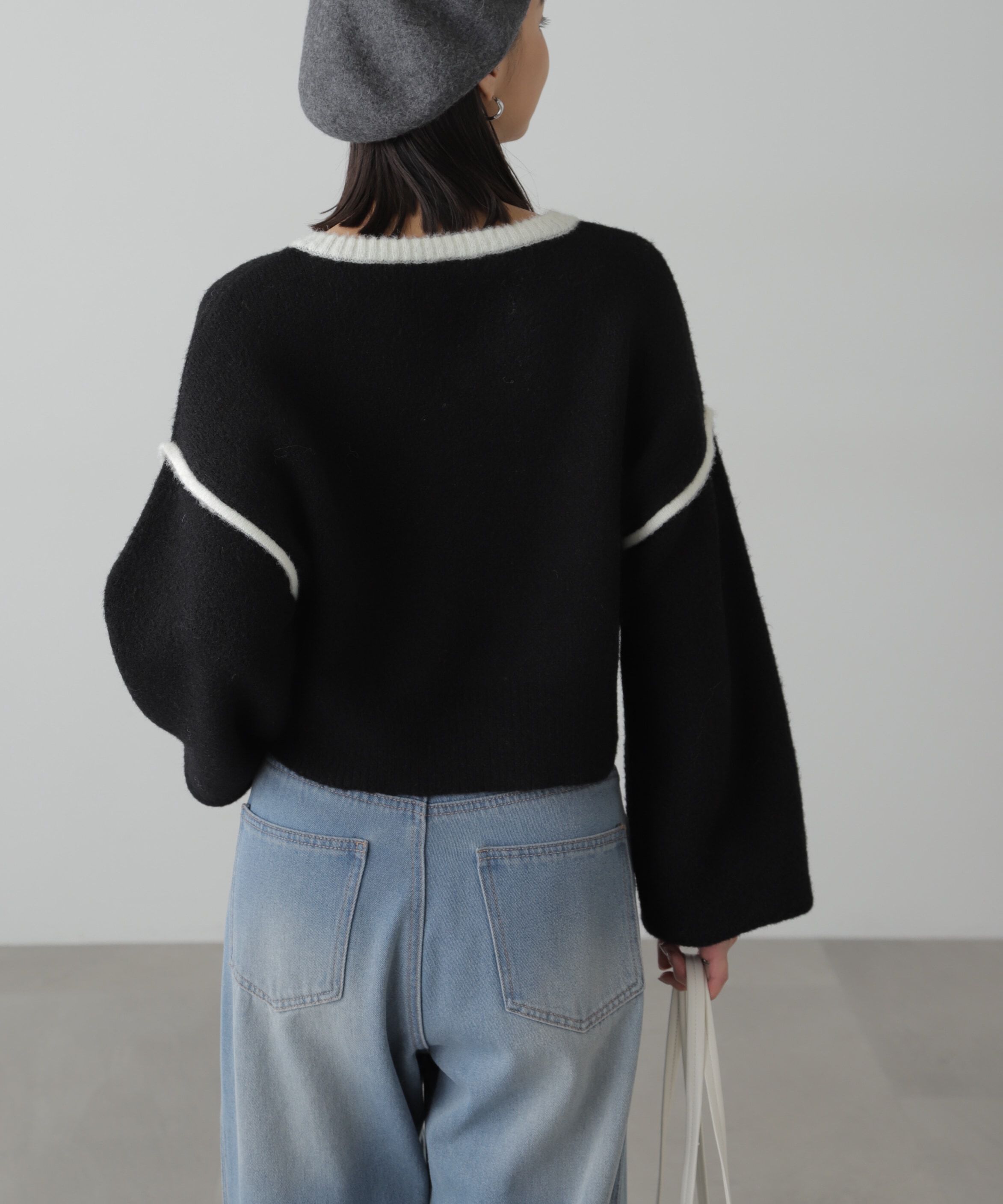  「Vネック配色ショート丈ニット」|ニット・セーター|