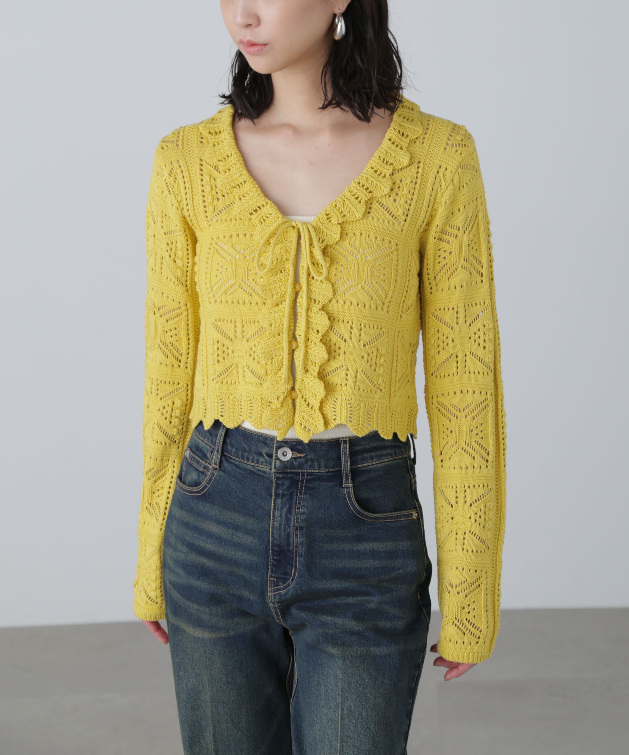  「透かし編みクロップドニットカーディガン」|ニット・セーター|