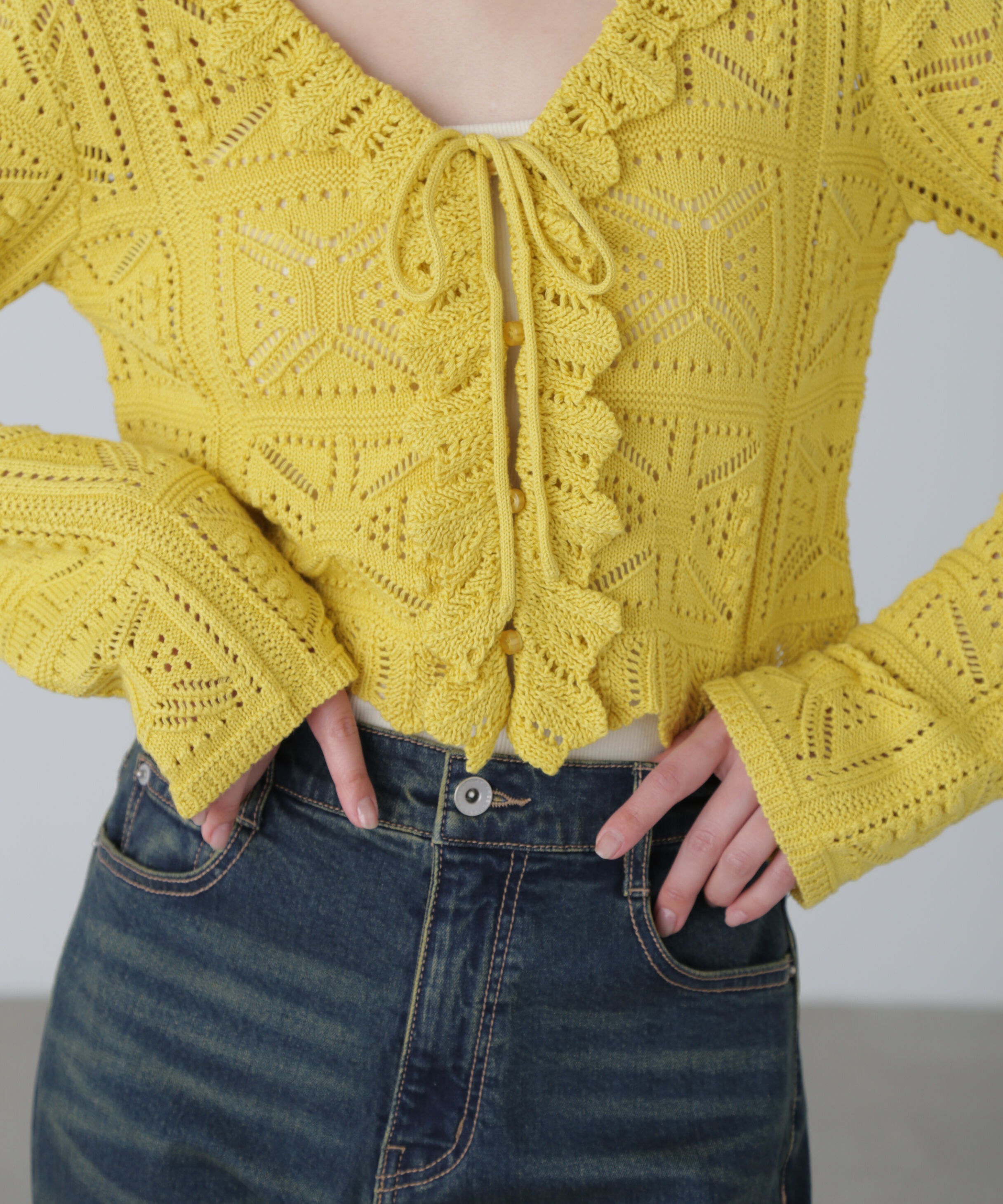  「透かし編みクロップドニットカーディガン」|ニット・セーター|