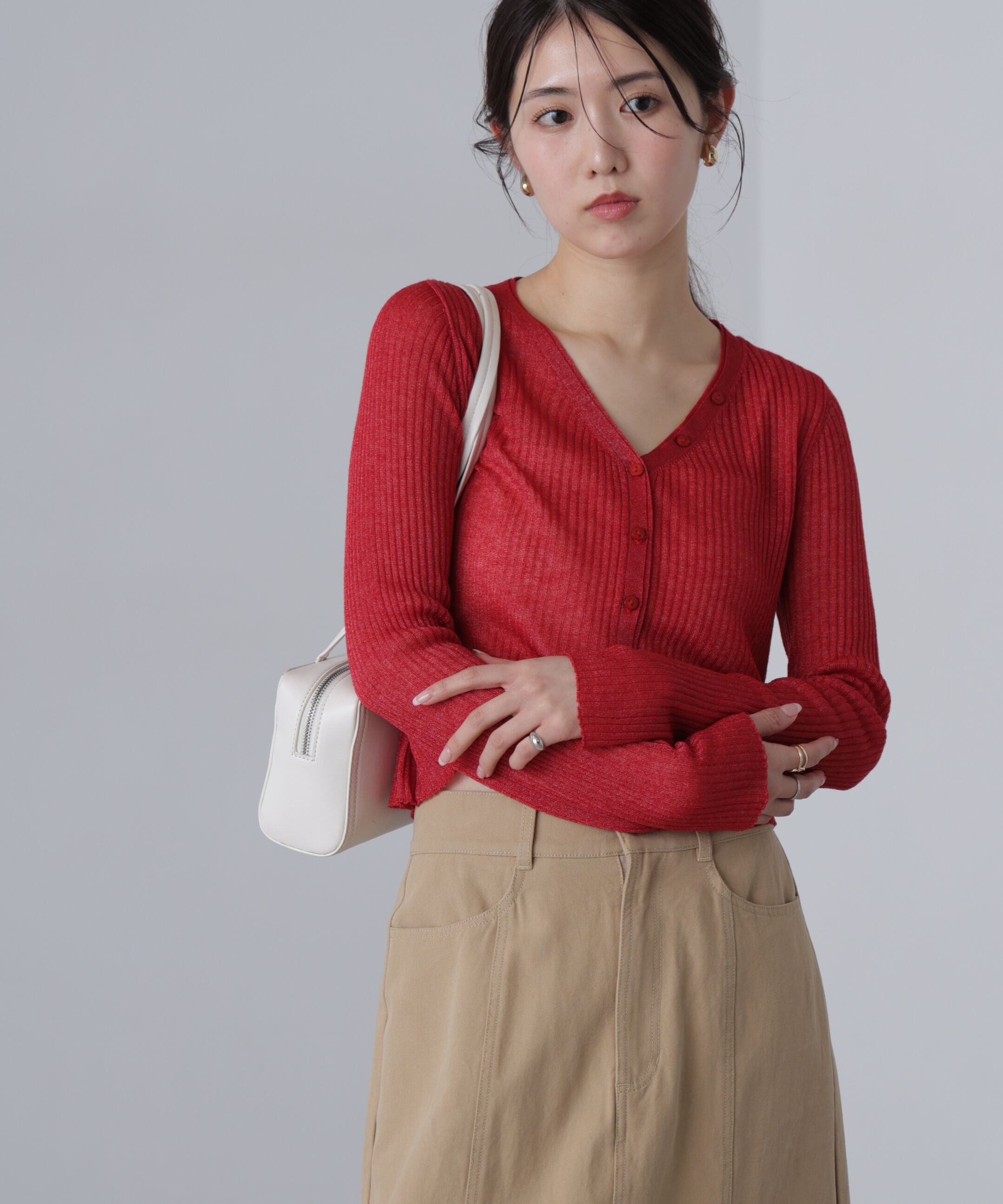  「シアーリブニットカーディガン」|ニット・セーター|レッド