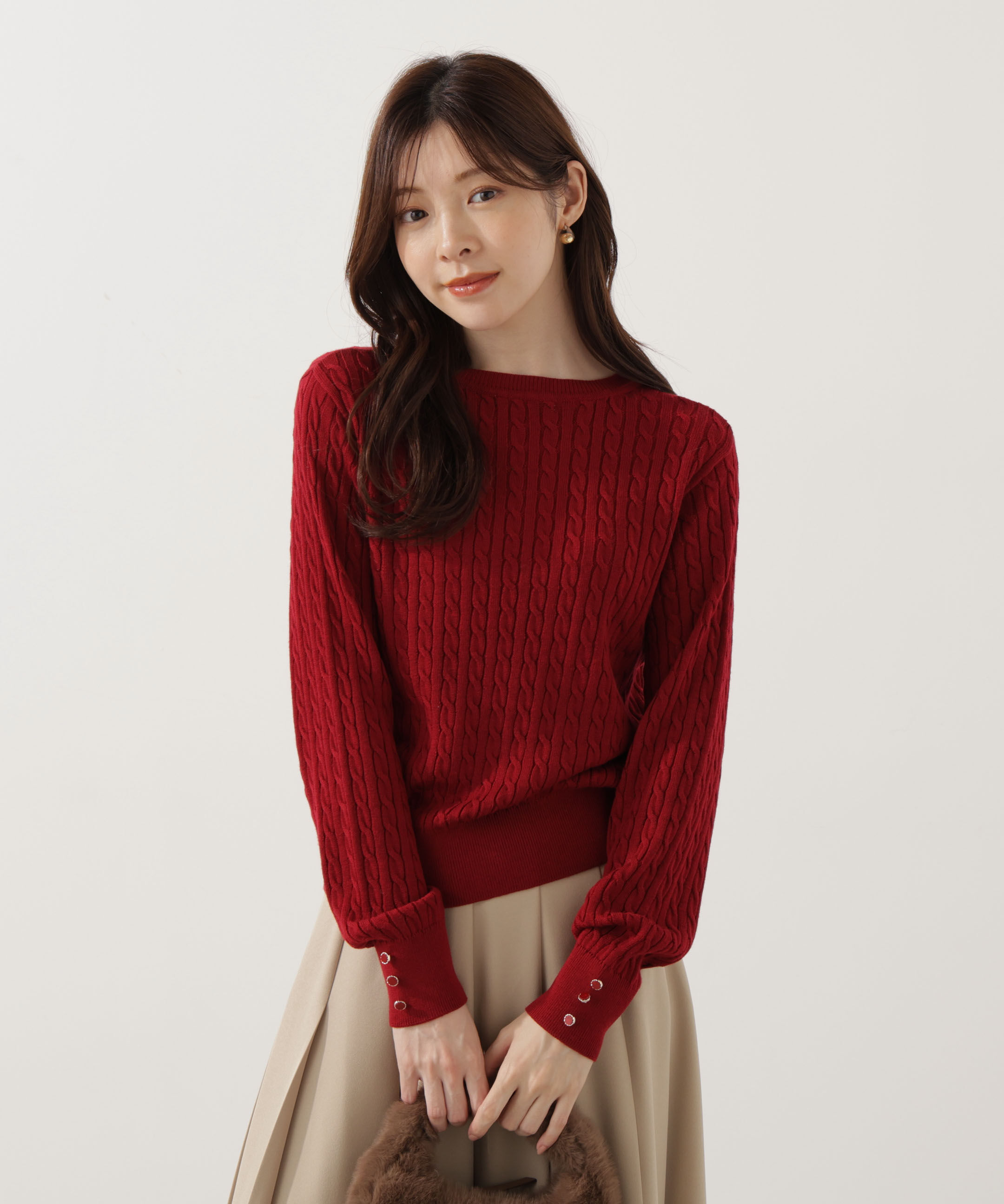 PROPORTION BODY DRESSING「＜ハンドウォッシャブル＞袖釦ミニケーブルニット」|ニット・セーター|レッド