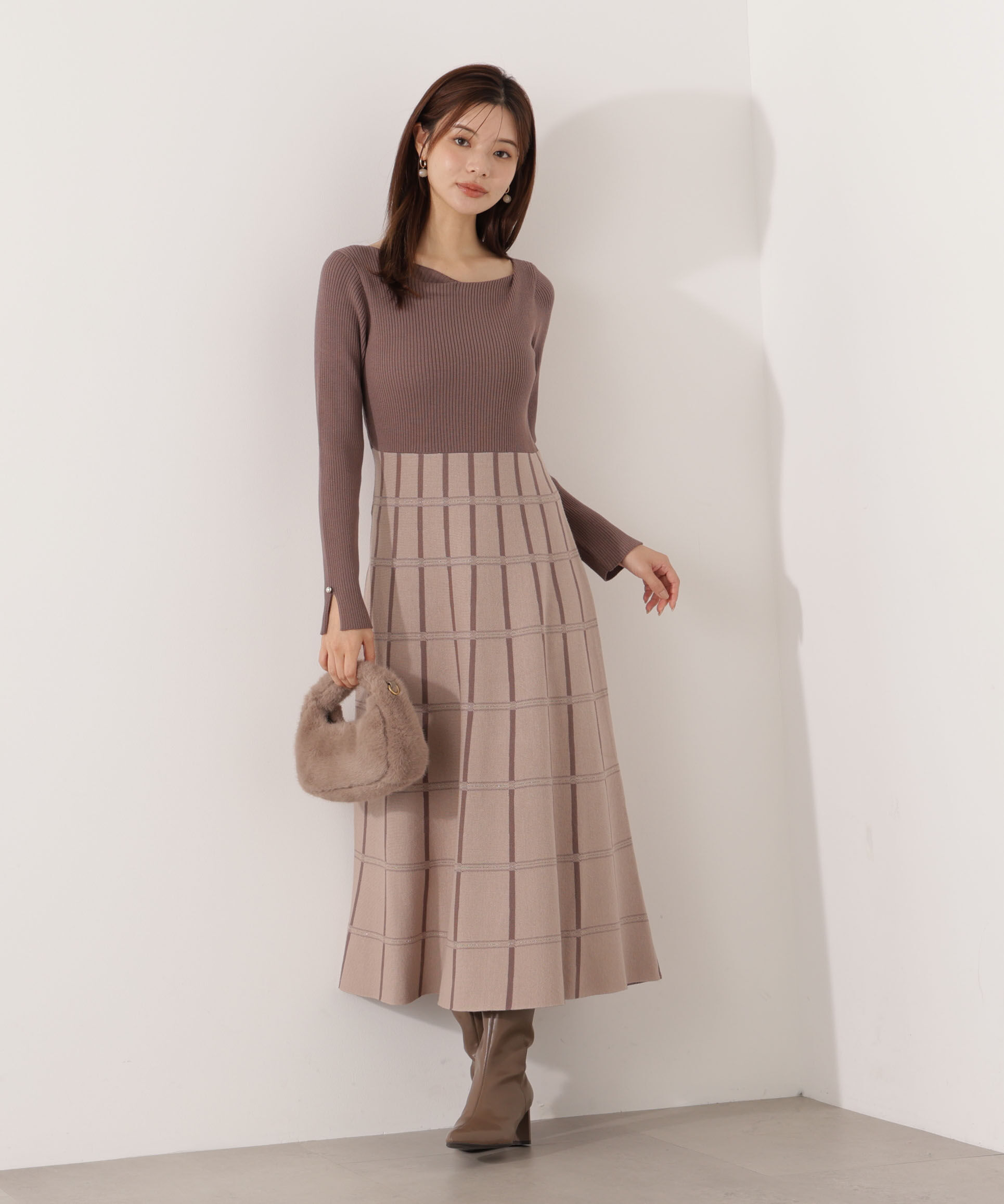 PROPORTION BODY DRESSING「チェック柄ジャガードニットワンピース 25AW」|ワンピース|モカ1