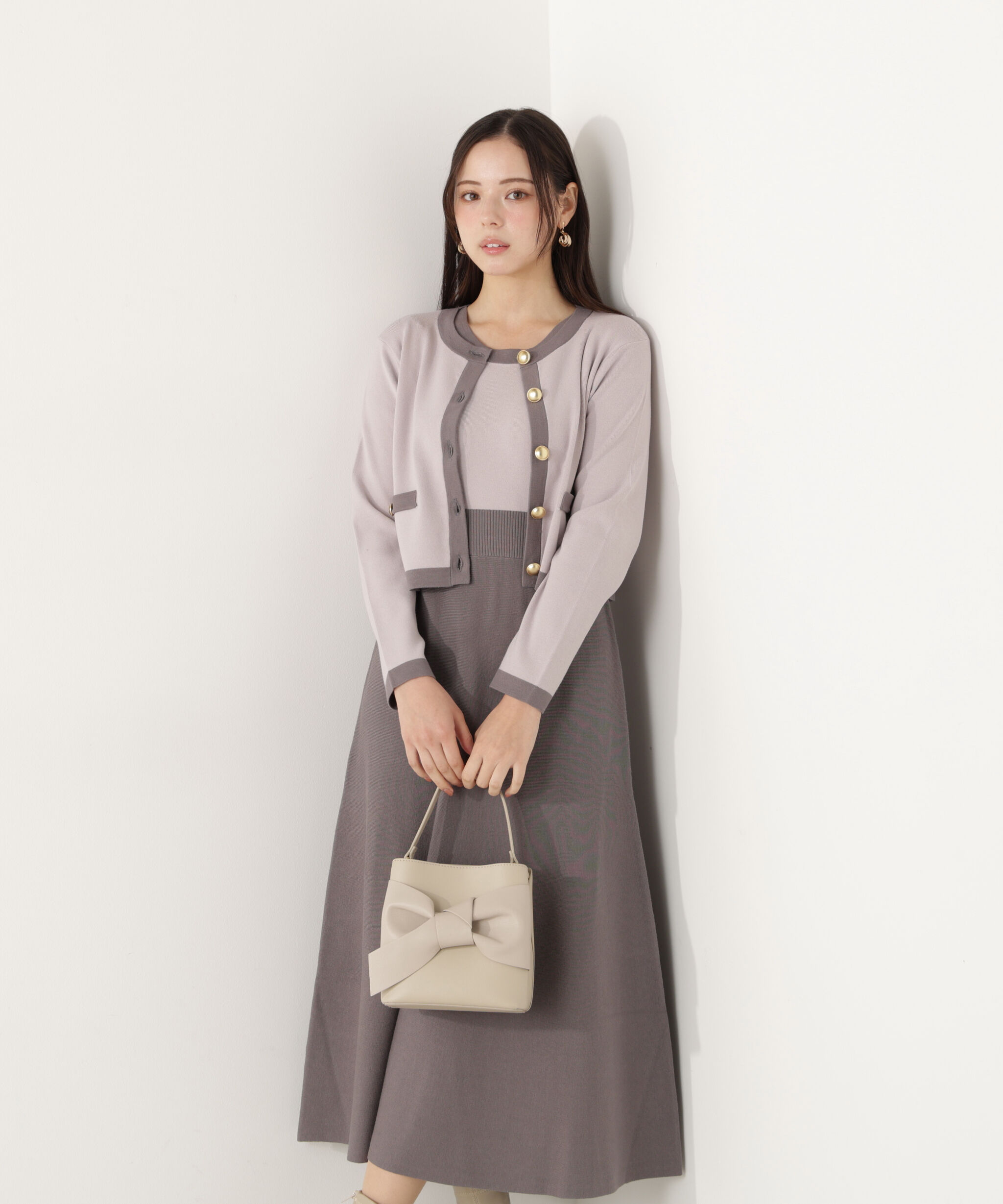 PROPORTION BODY DRESSING「バイカラーカーデセットアップ」|ワンピース|グレー&times;チャコ