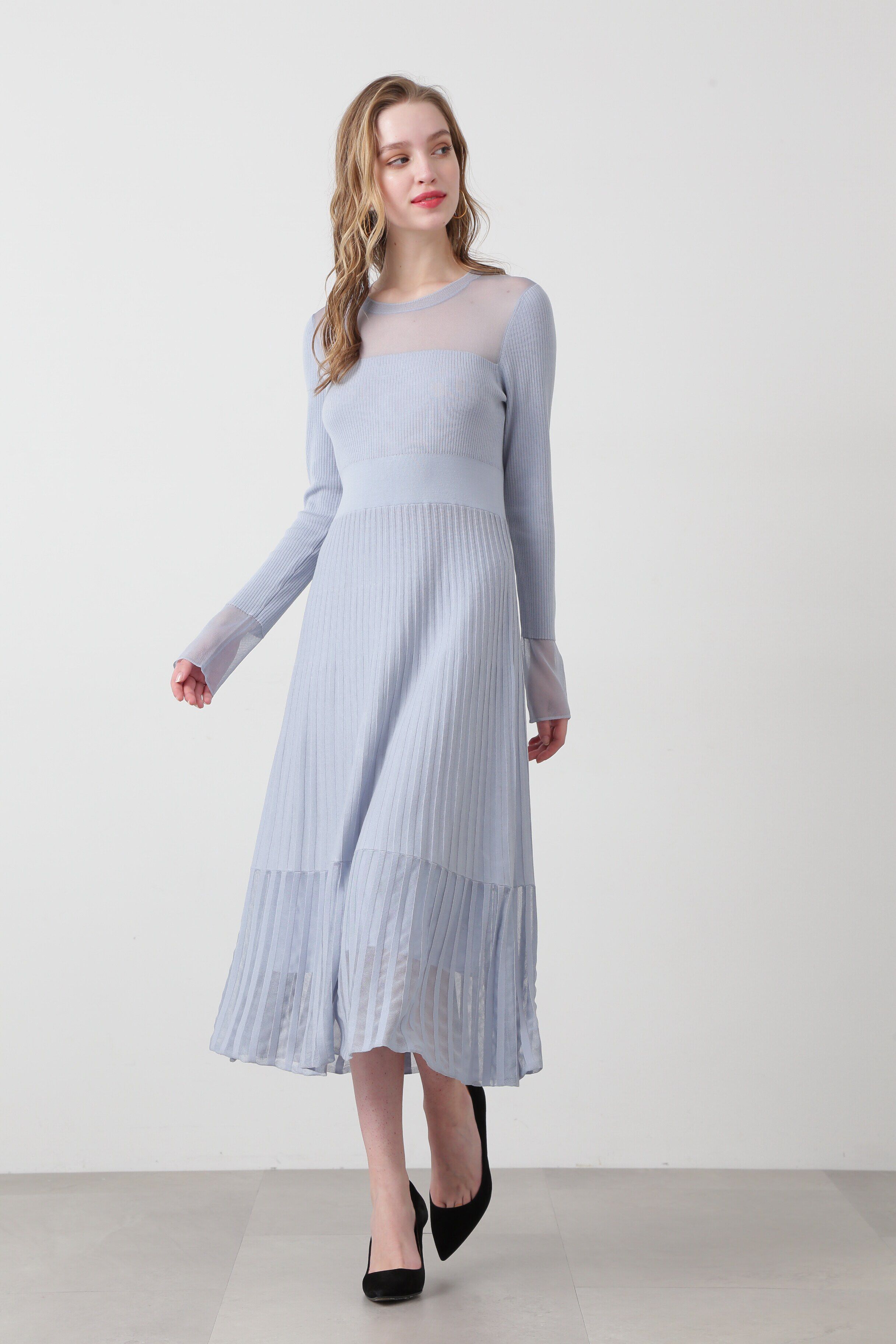  「◆シアーコンビフレアーニットワンピース」|ワンピース|