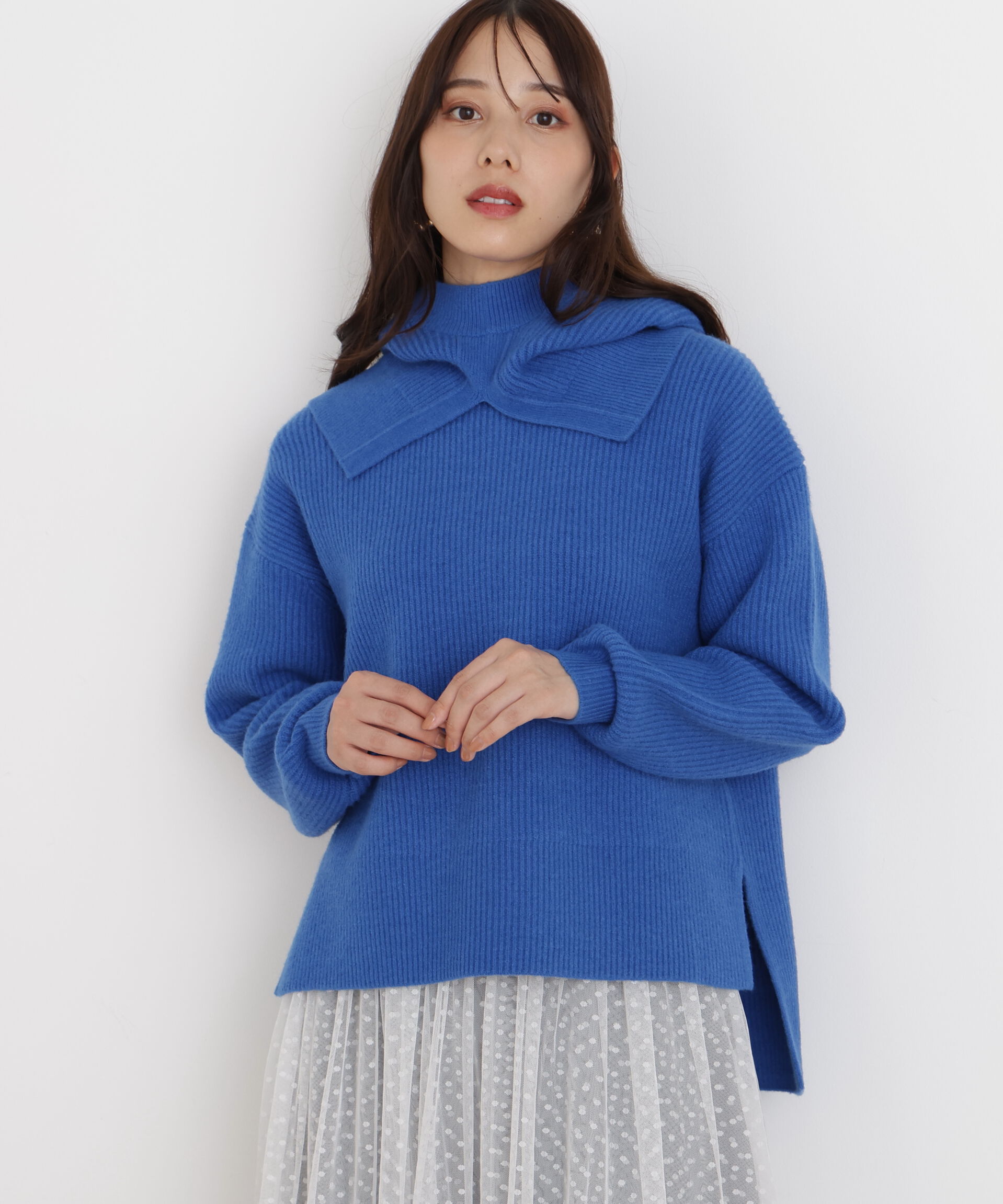  「◆フードスヌード付きニットプルオーバー」|ニット・セーター|ブルー