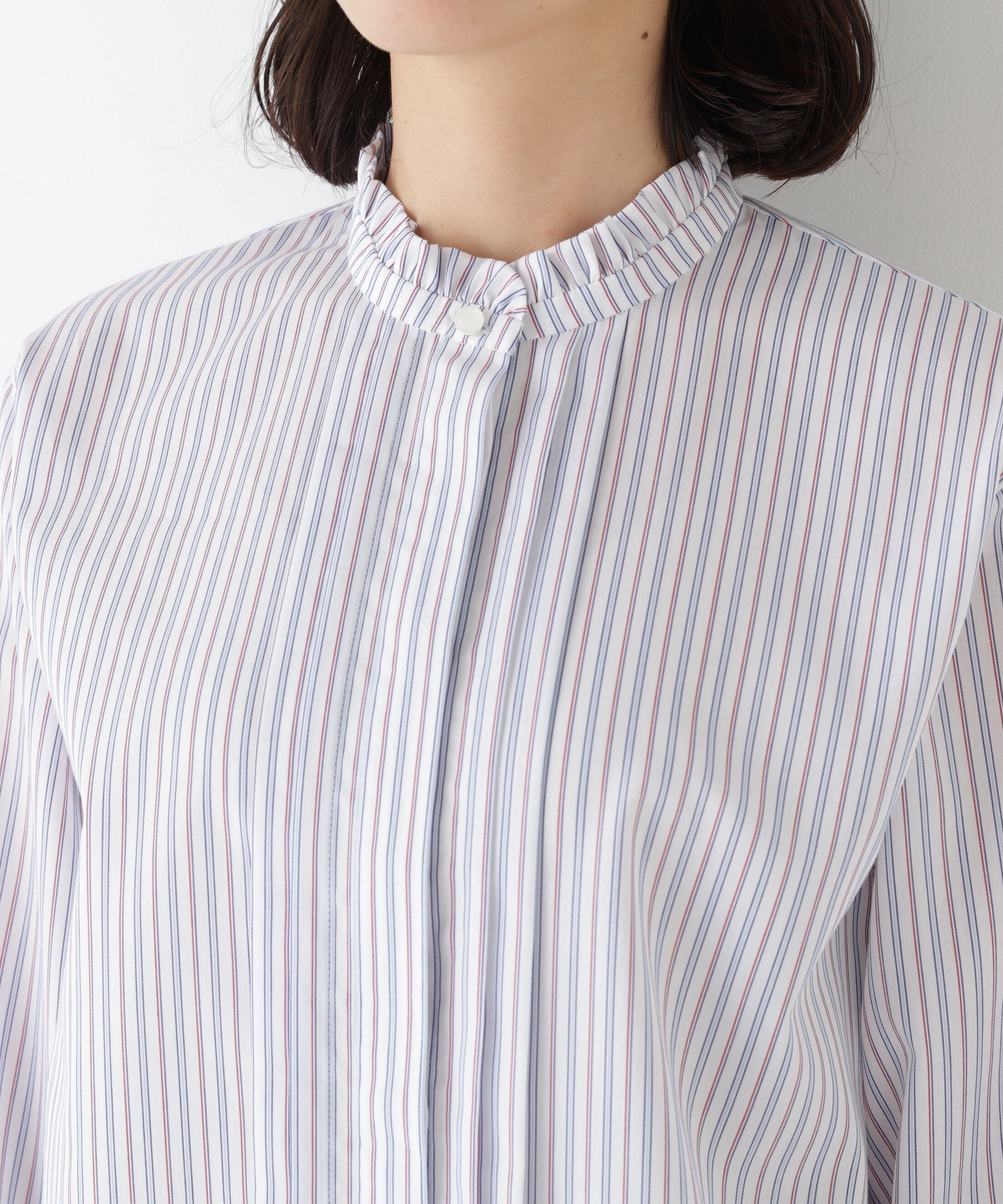  「◆《ウォッシャブル》先染めストライプスタンドフリルブラウス」|シャツ・ブラウス|