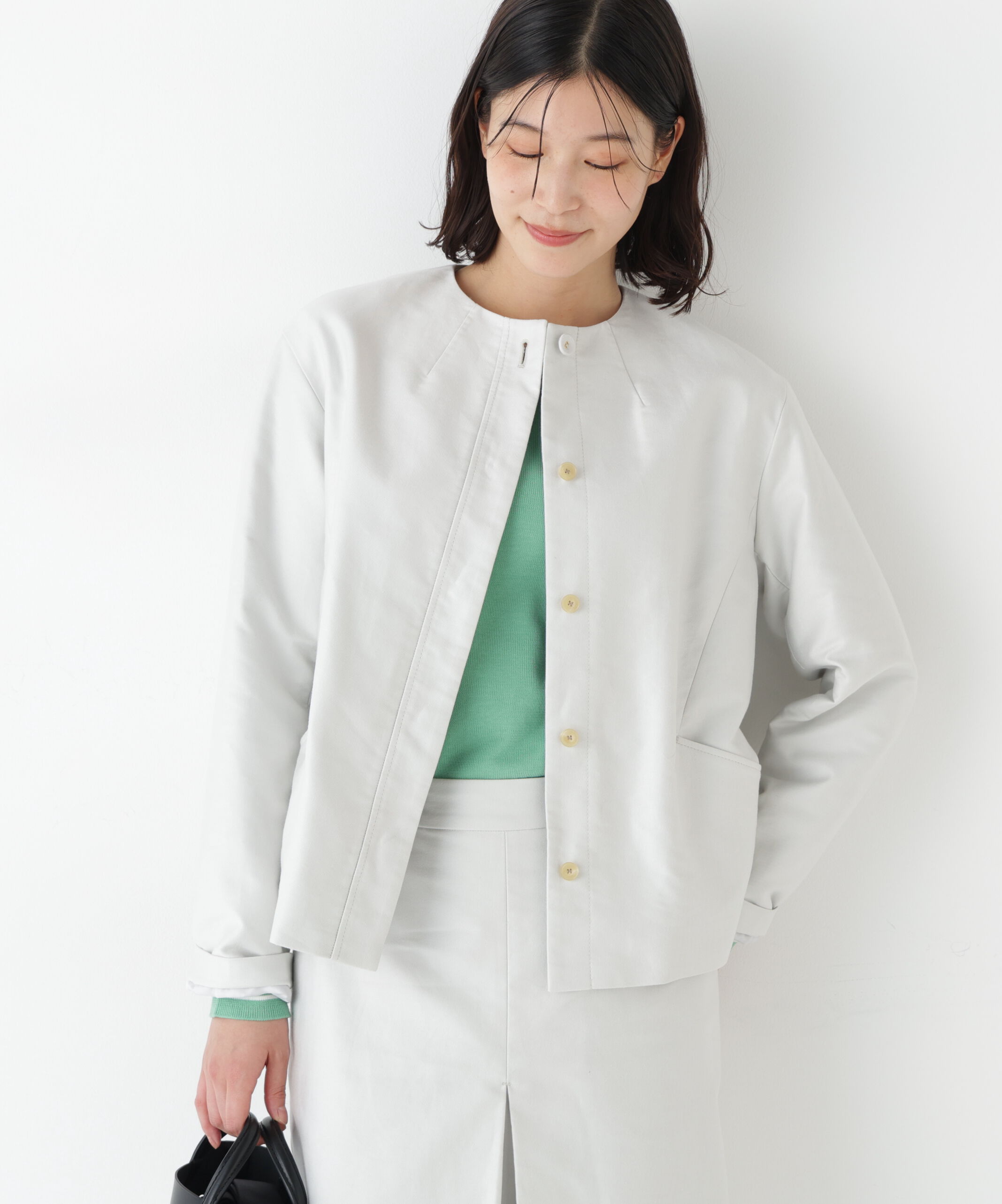  「◆《ウォッシャブル》ライトモールスキンノーカラージャケット」|ブルゾン・スタジャン|ライトグレー