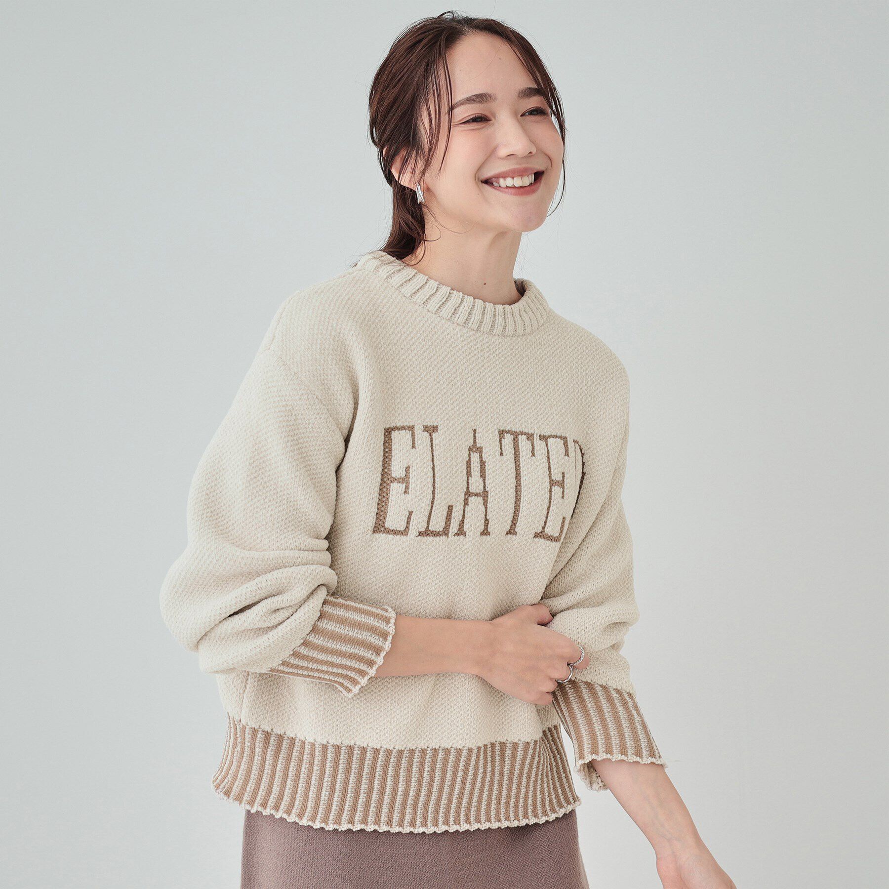 SHOO･LA･RUE「【S-LL】もちもち感がたまらない モールロゴリブ切替ニット」|ニット・セーター|アイボリー(004)