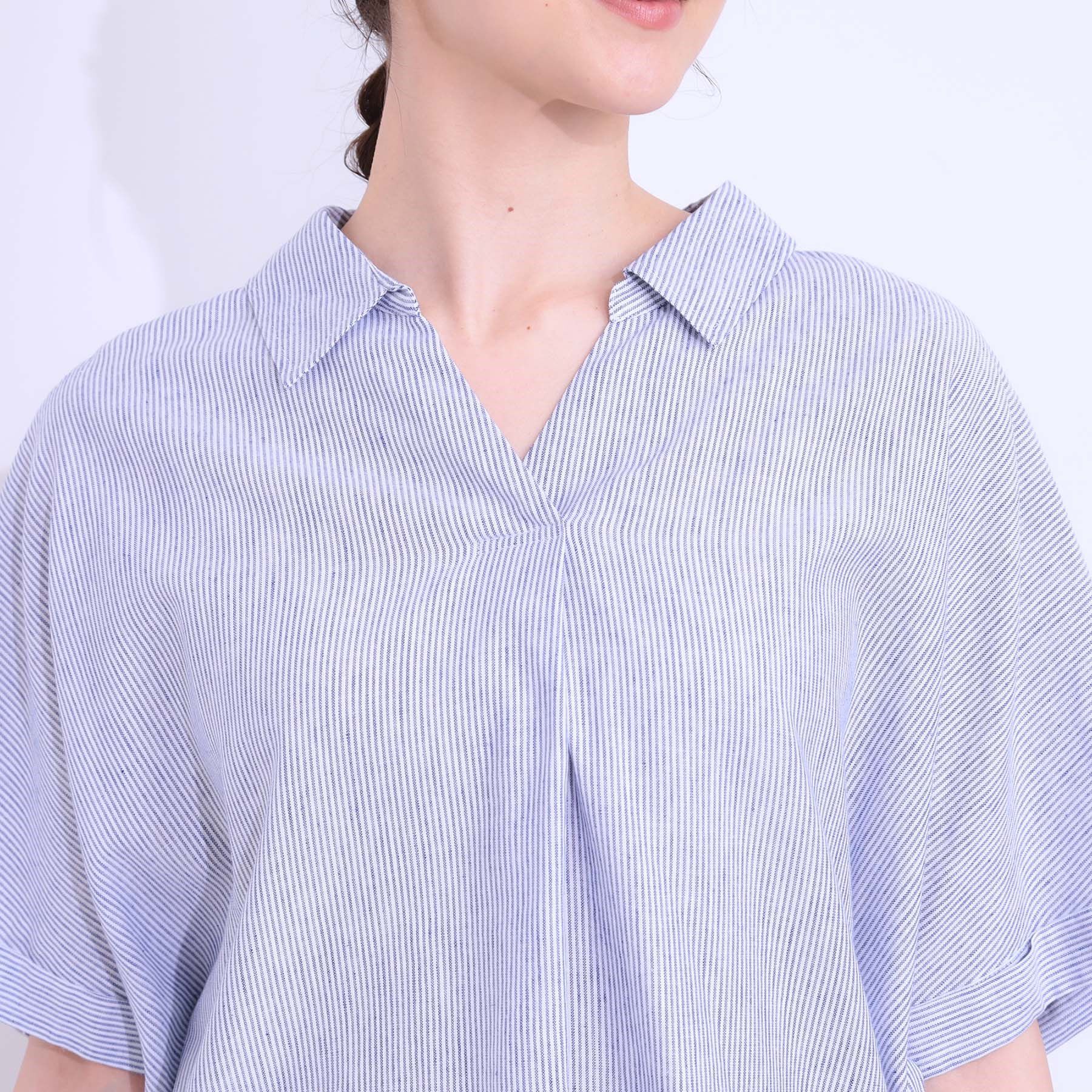 SHOO･LA･RUE「【S-LL/UV/接触冷感/抗菌防臭】体型を自然にカバー フレンチリネンブレンド襟付ドルマンシャツ」|シャツ・ブラウス|