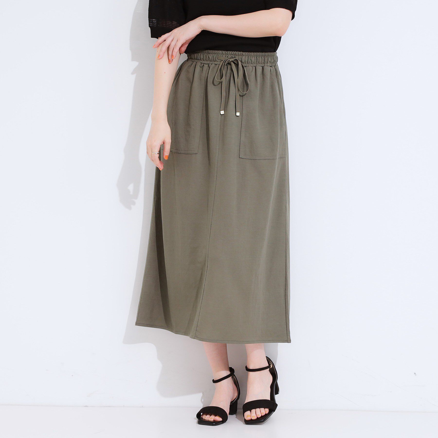 SHOO･LA･RUE「【セットアップ可/ひんやり】大人カジュアルに ベイカー風デザインスカート」|スカート|オリーブグリーン(0