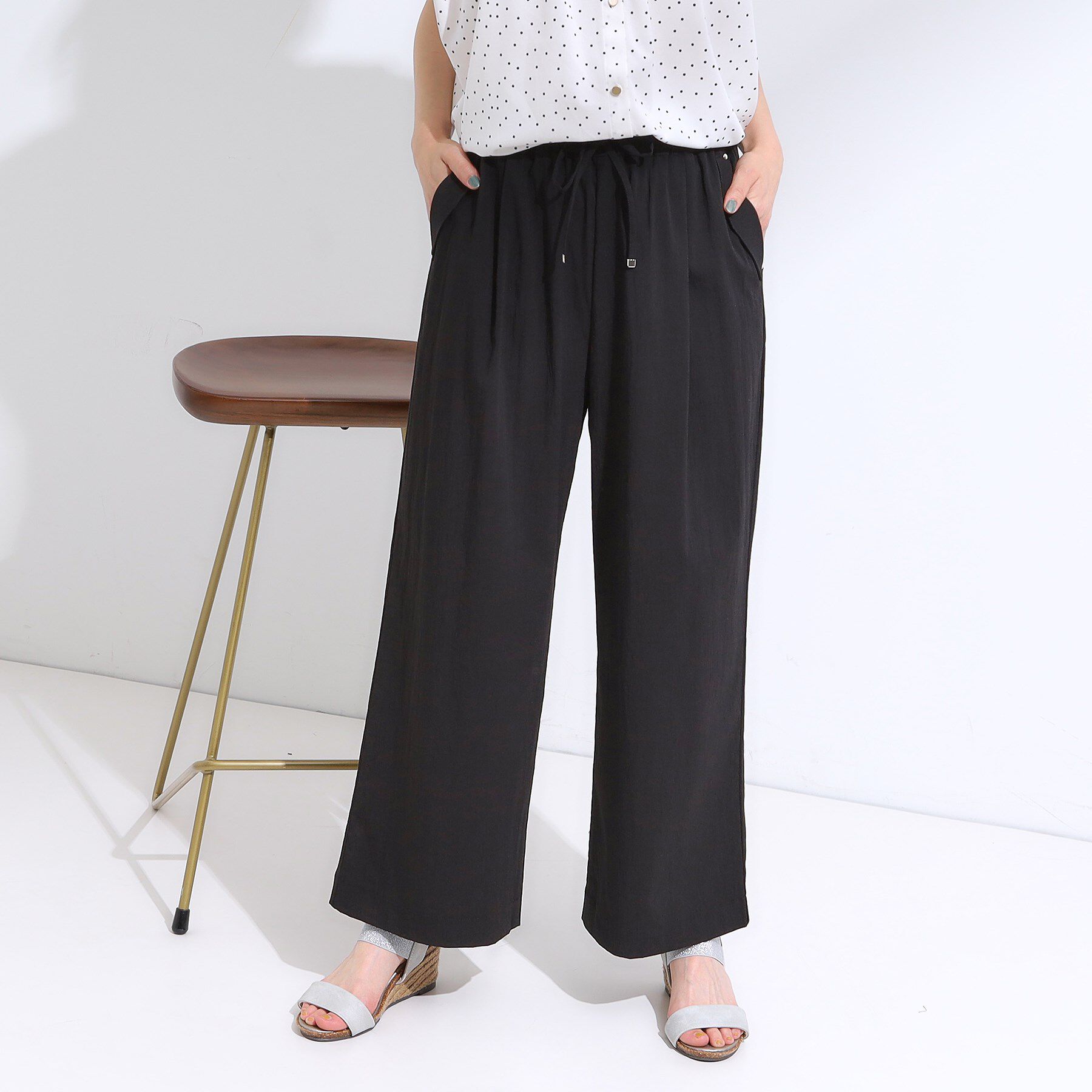 SHOO･LA･RUE「【着丈選べる】触れる度ひんやり ゆるきれい イージーワイドパンツ」|その他|ブラック(019)