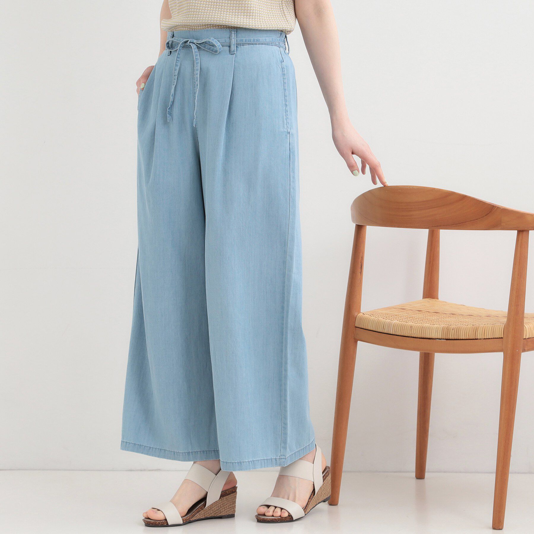 SHOO･LA･RUE「【着丈選べる/ひんやり/S-LL】ウエストリボンがポイント　デニムワイドイージーパンツ」|その他|ブルー(091)