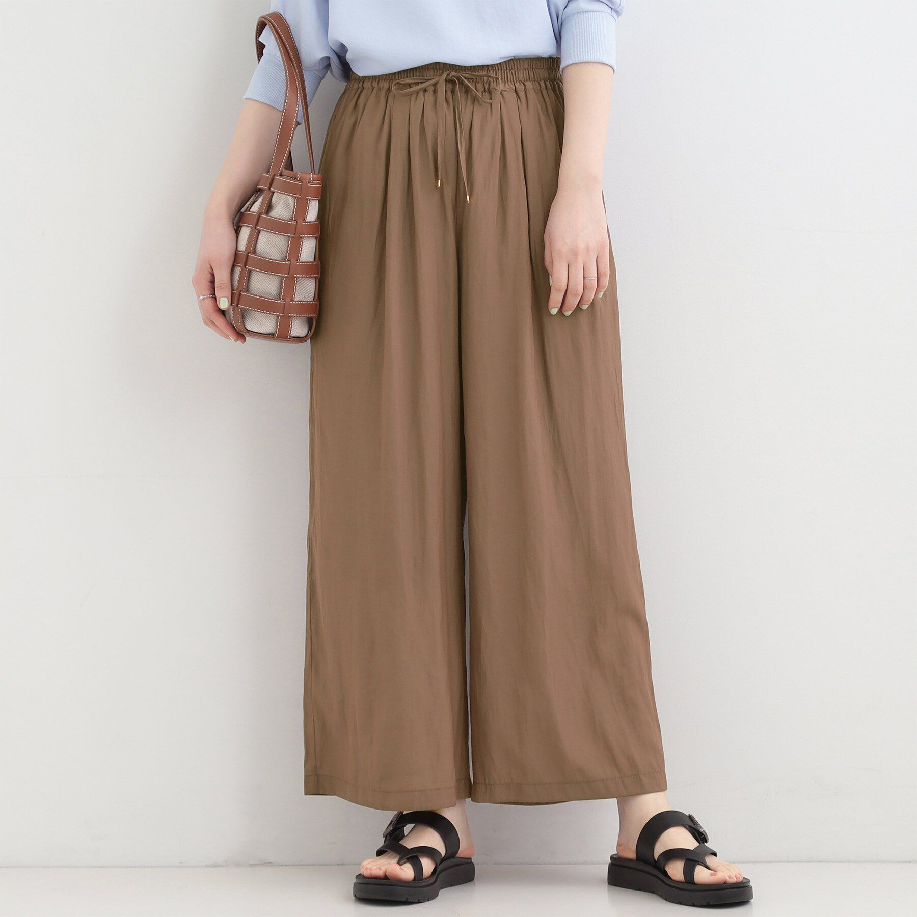 SHOO･LA･RUE「【選べる4柄/洗濯機可】さらっとしなやか　サテンワイドパンツ」|その他|キャメルブラウン(0