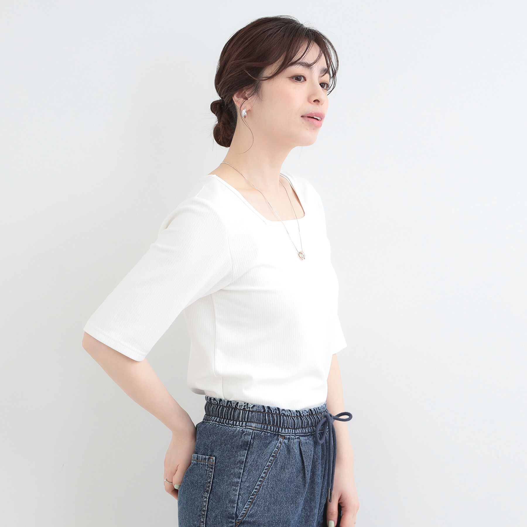 SHOO･LA･RUE「【ネックアソート】裏ひんやりテレコ5分袖トップス」|Tシャツ・カットソー|