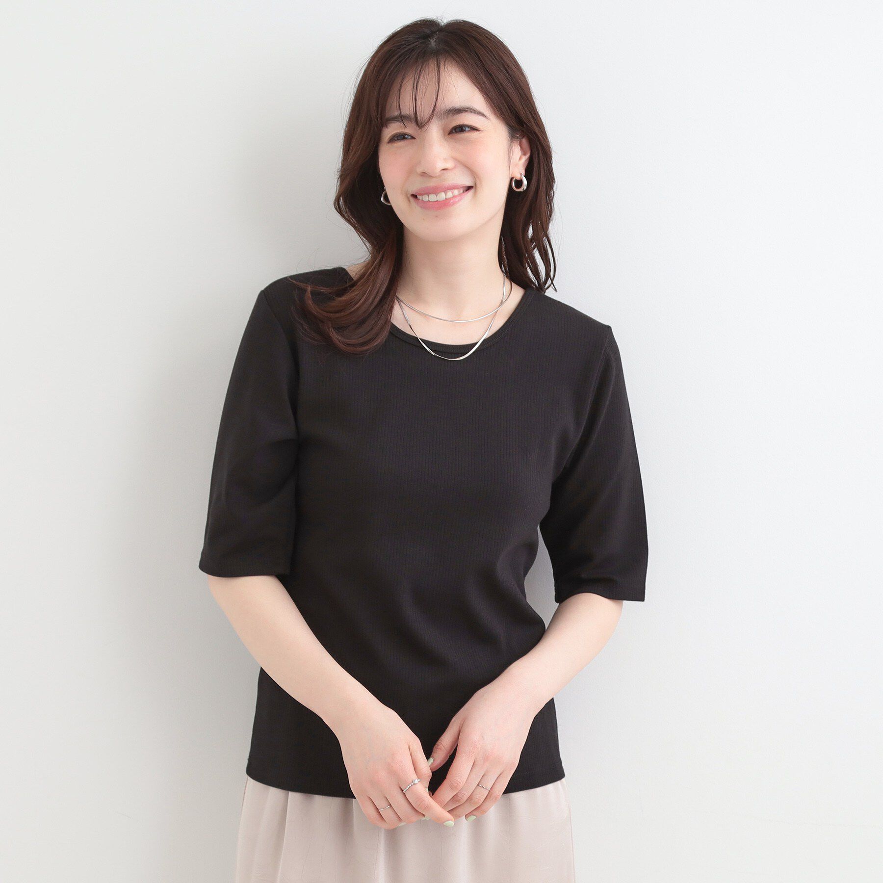 SHOO･LA･RUE「【ネックアソート】裏ひんやりテレコ5分袖トップス」|Tシャツ・カットソー|