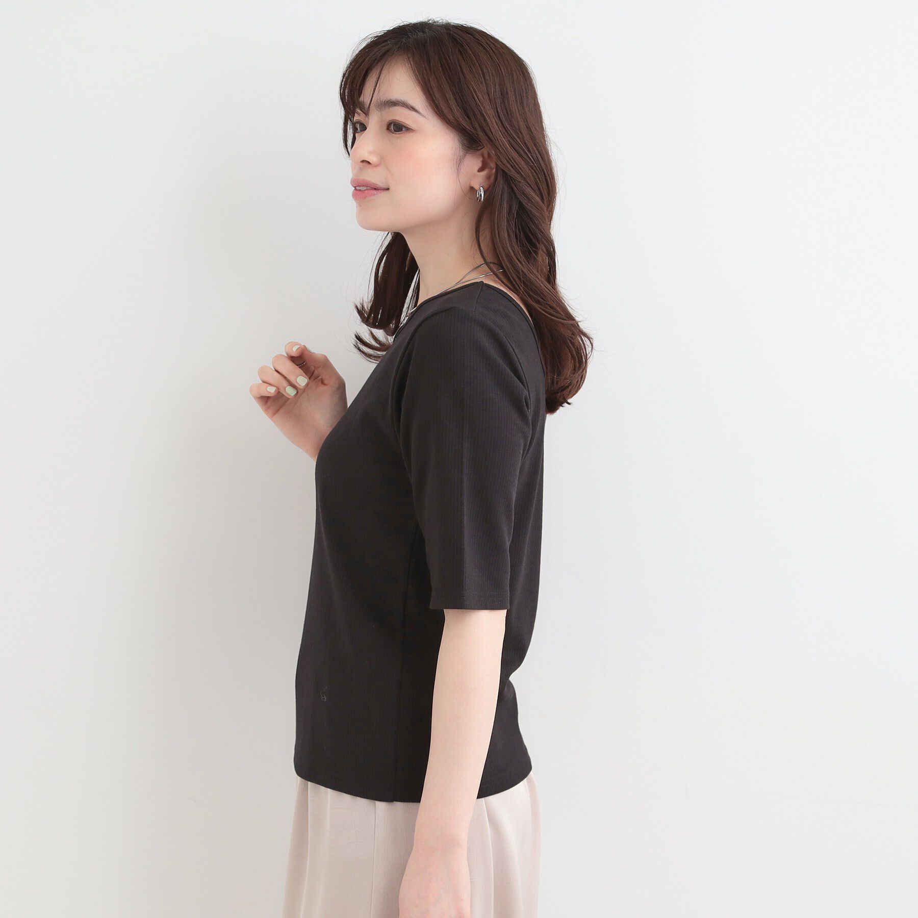 SHOO･LA･RUE「【ネックアソート】裏ひんやりテレコ5分袖トップス」|Tシャツ・カットソー|