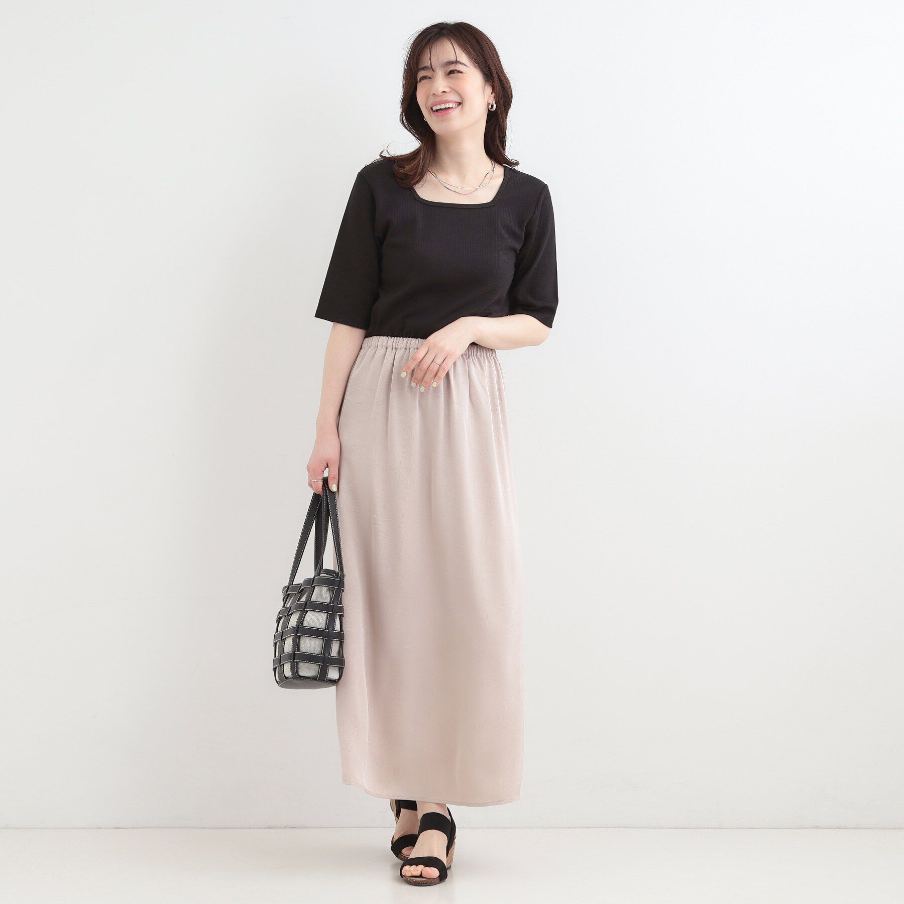 SHOO･LA･RUE「【ネックアソート】裏ひんやりテレコ5分袖トップス」|Tシャツ・カットソー|