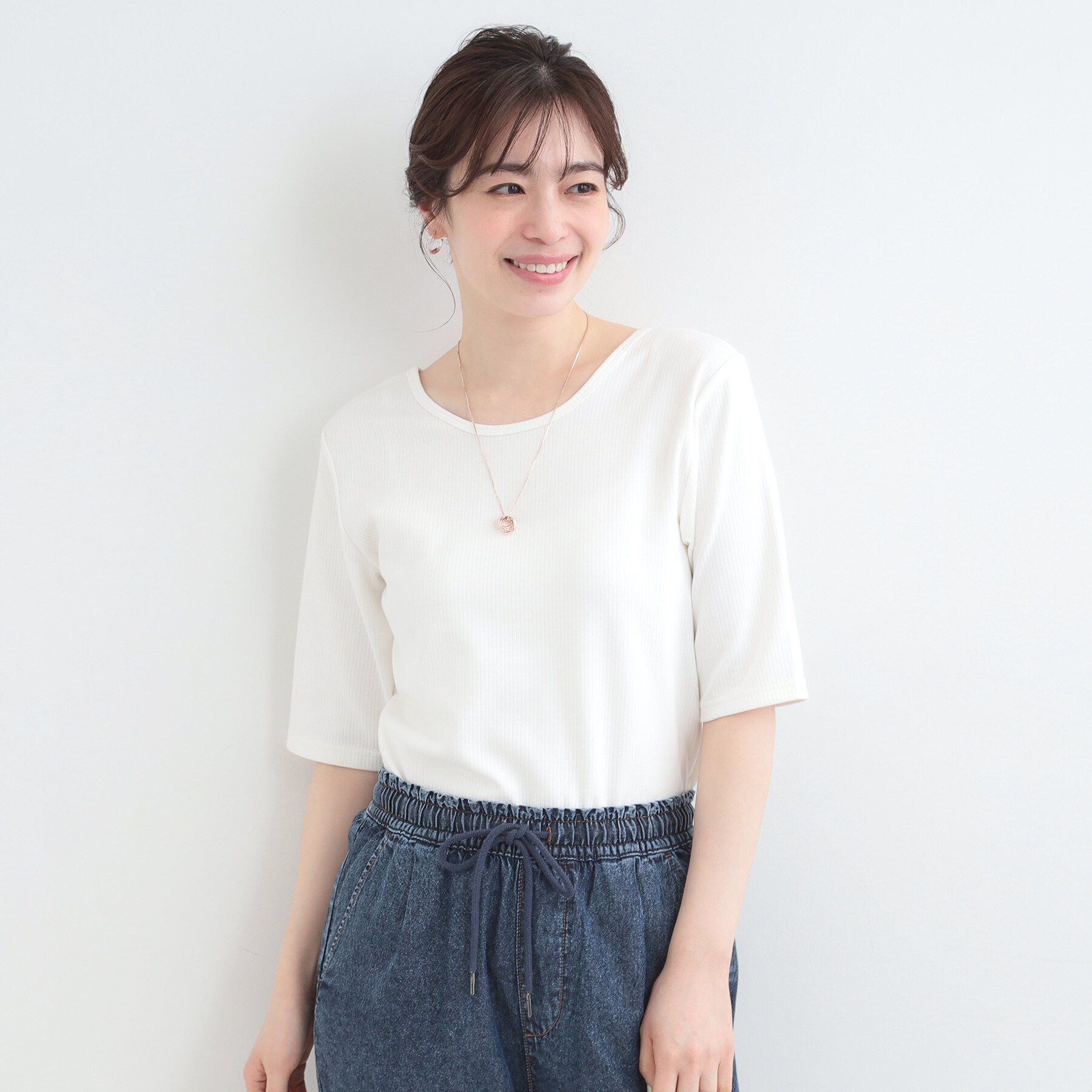 SHOO･LA･RUE「【ネックアソート】裏ひんやりテレコ5分袖トップス」|Tシャツ・カットソー|