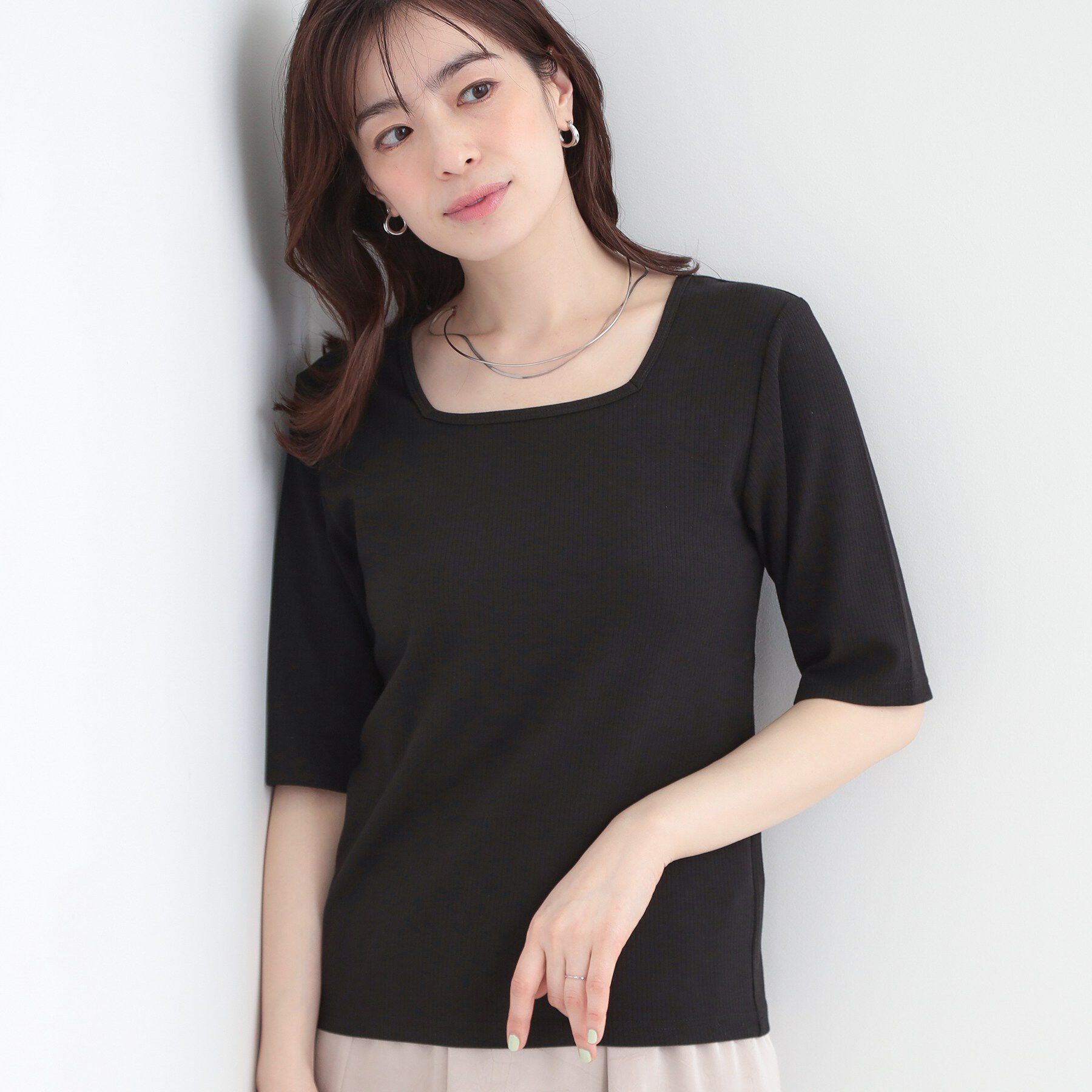 SHOO･LA･RUE「【ネックアソート】裏ひんやりテレコ5分袖トップス」|Tシャツ・カットソー|ブラック(219)