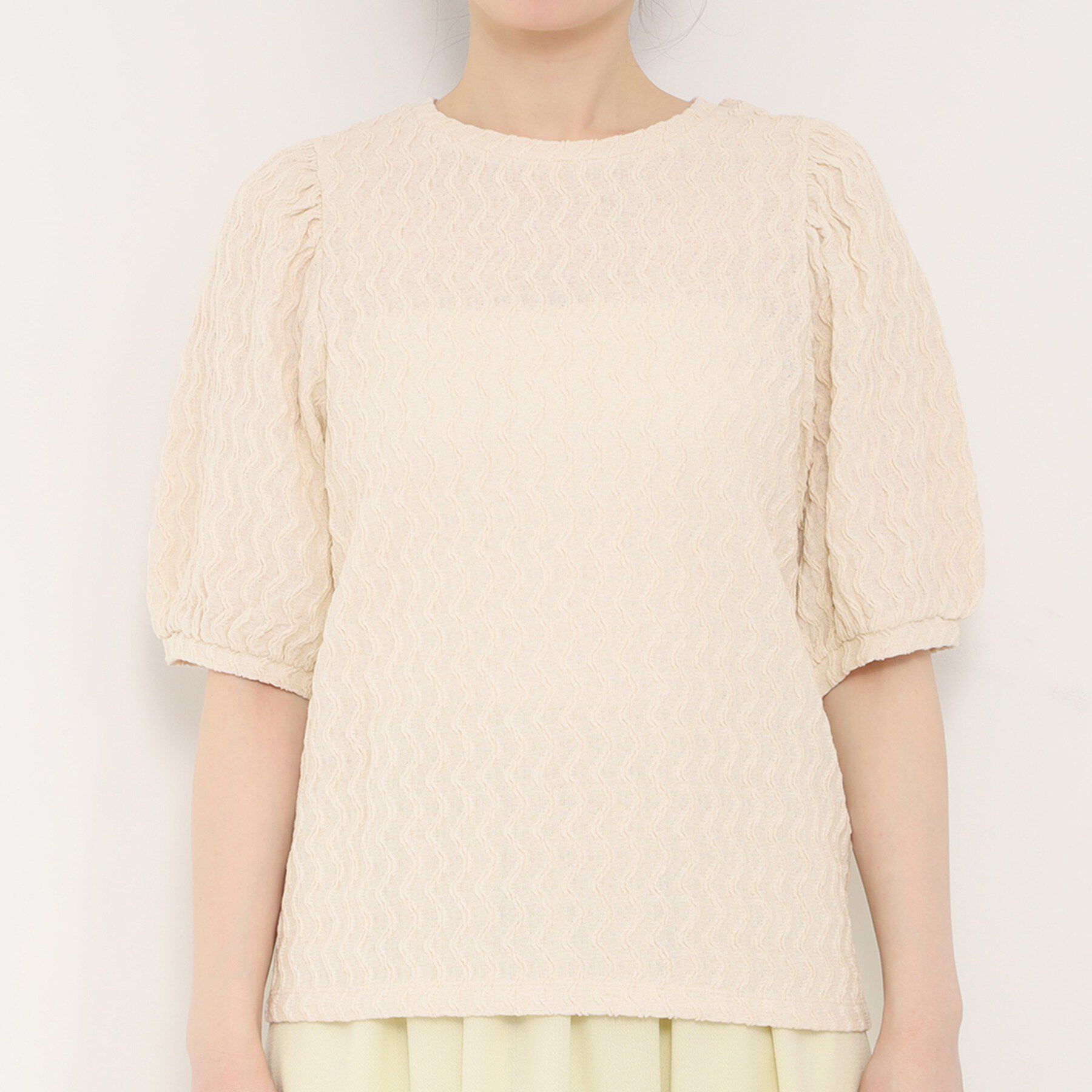 SHOO･LA･RUE「【洗濯機可/S-LL】ウェーブ柄ジャカード パフスリーブトップス」|Tシャツ・カットソー|