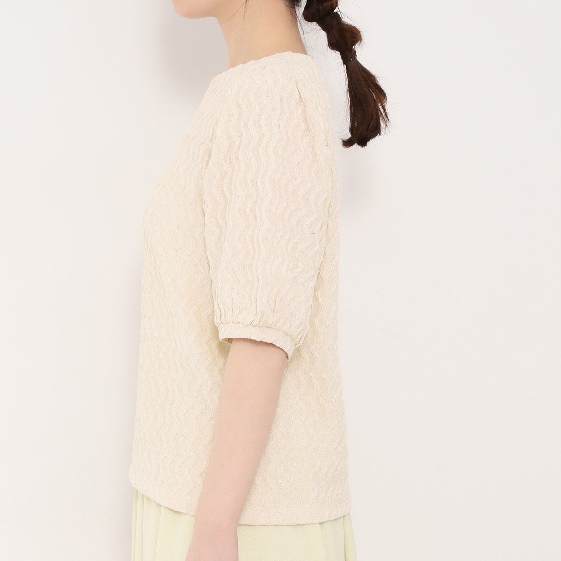 SHOO･LA･RUE「【洗濯機可/S-LL】ウェーブ柄ジャカード パフスリーブトップス」|Tシャツ・カットソー|