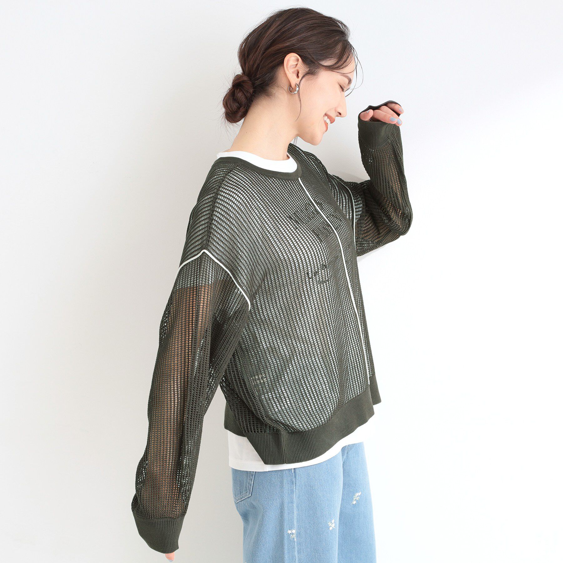 SHOO･LA･RUE「【前後2WAY/2点セット/洗濯機可/S-LL】メッシュリボンニット＆半袖ロゴT」|その他|