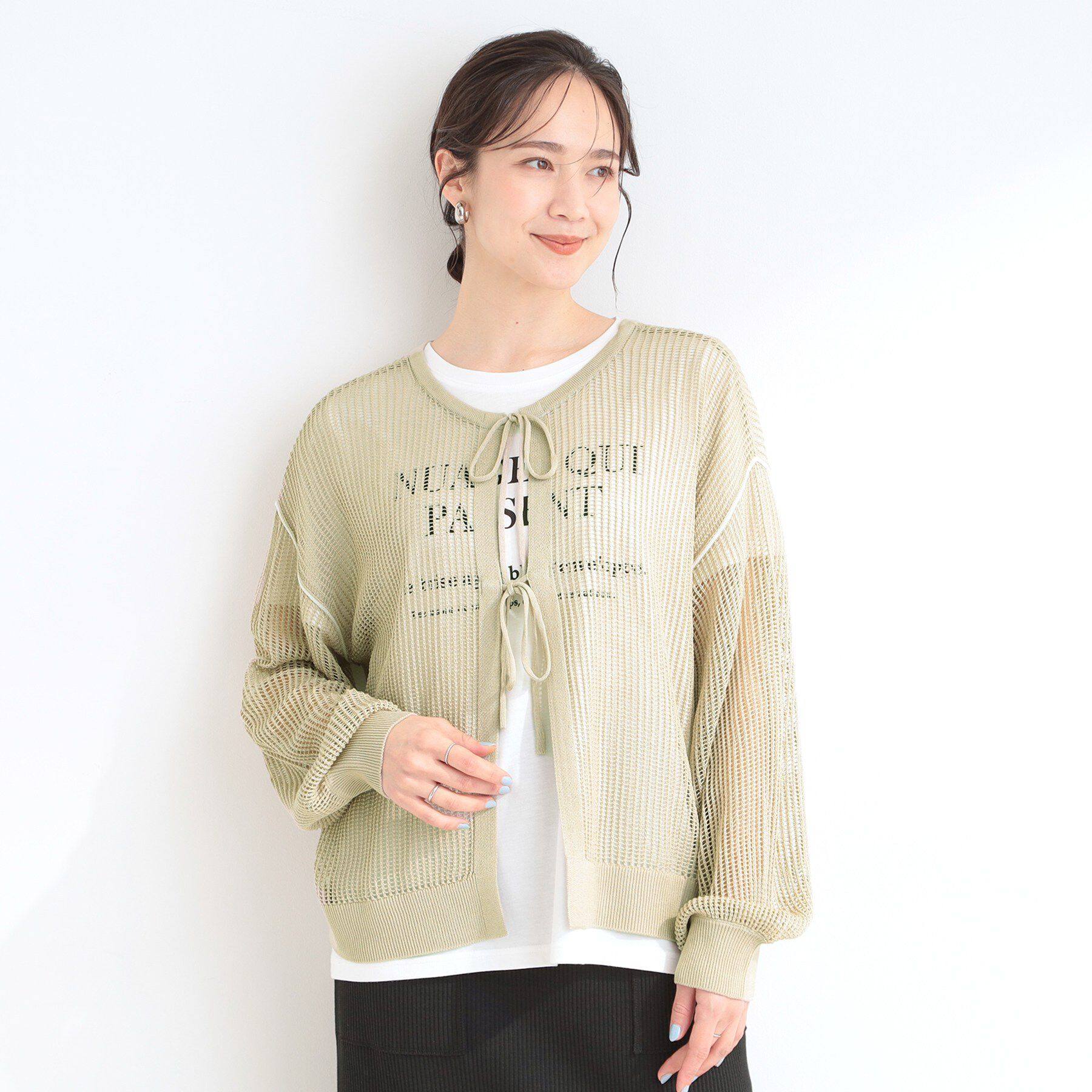 SHOO･LA･RUE「【前後2WAY/2点セット/洗濯機可/S-LL】メッシュリボンニット＆半袖ロゴT」|その他|