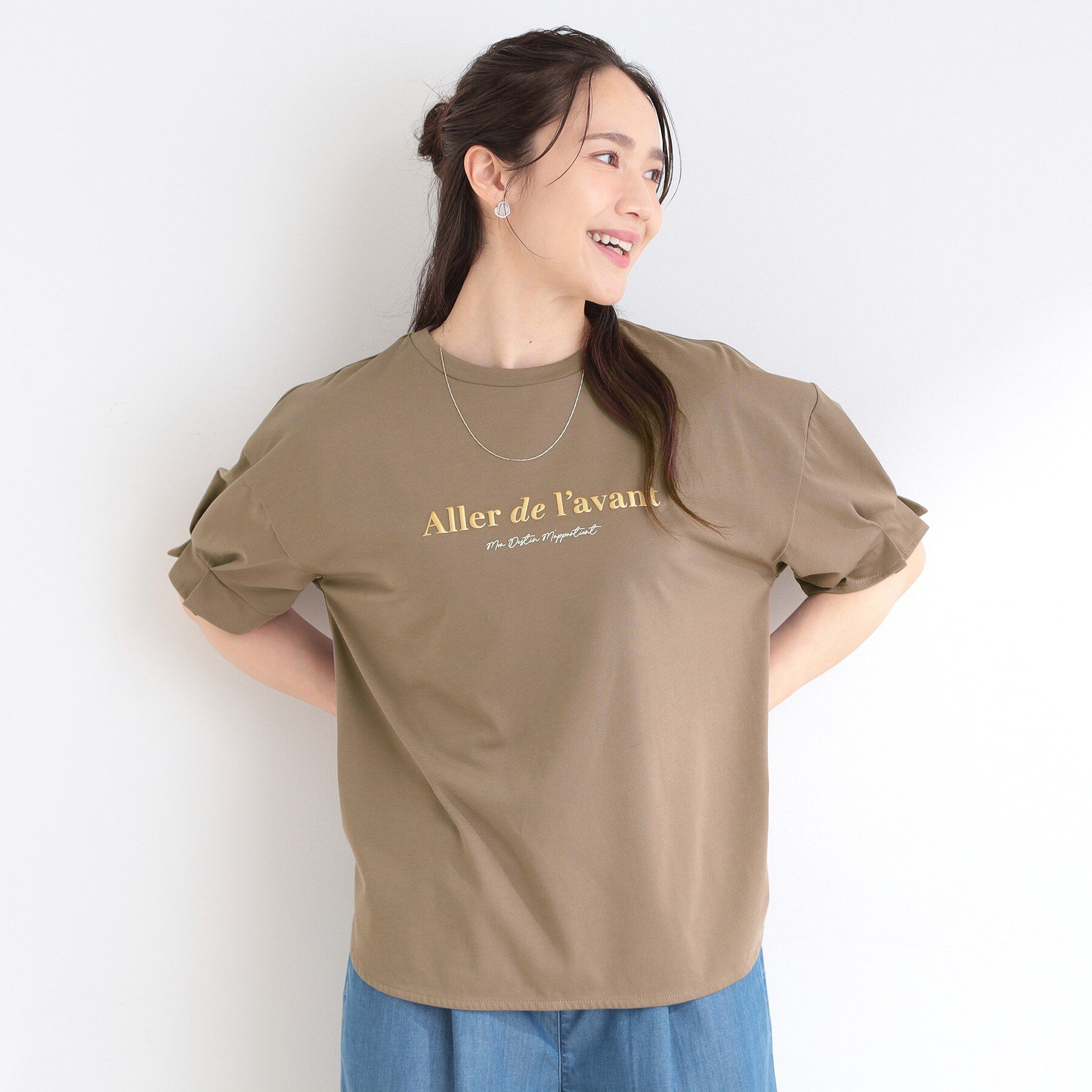 SHOO･LA･RUE「【ひんやり/UV】タックスリーブ ラメ発砲プリントTシャツ」|Tシャツ・カットソー|