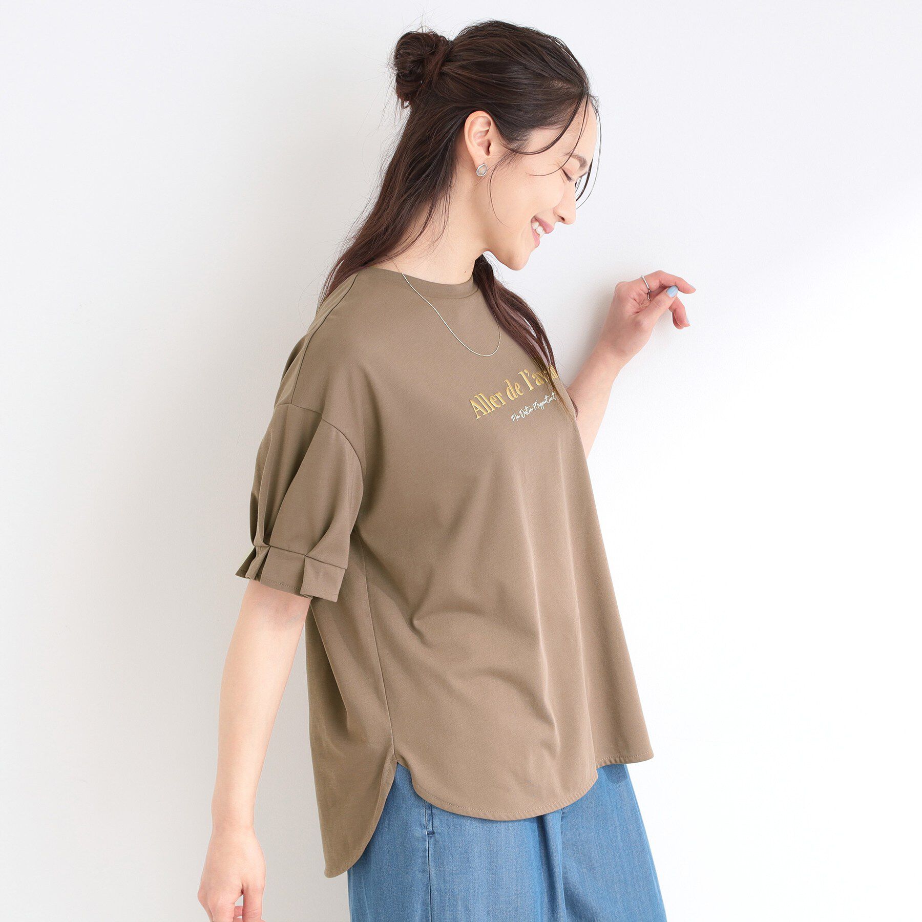 SHOO･LA･RUE「【ひんやり/UV】タックスリーブ ラメ発砲プリントTシャツ」|Tシャツ・カットソー|