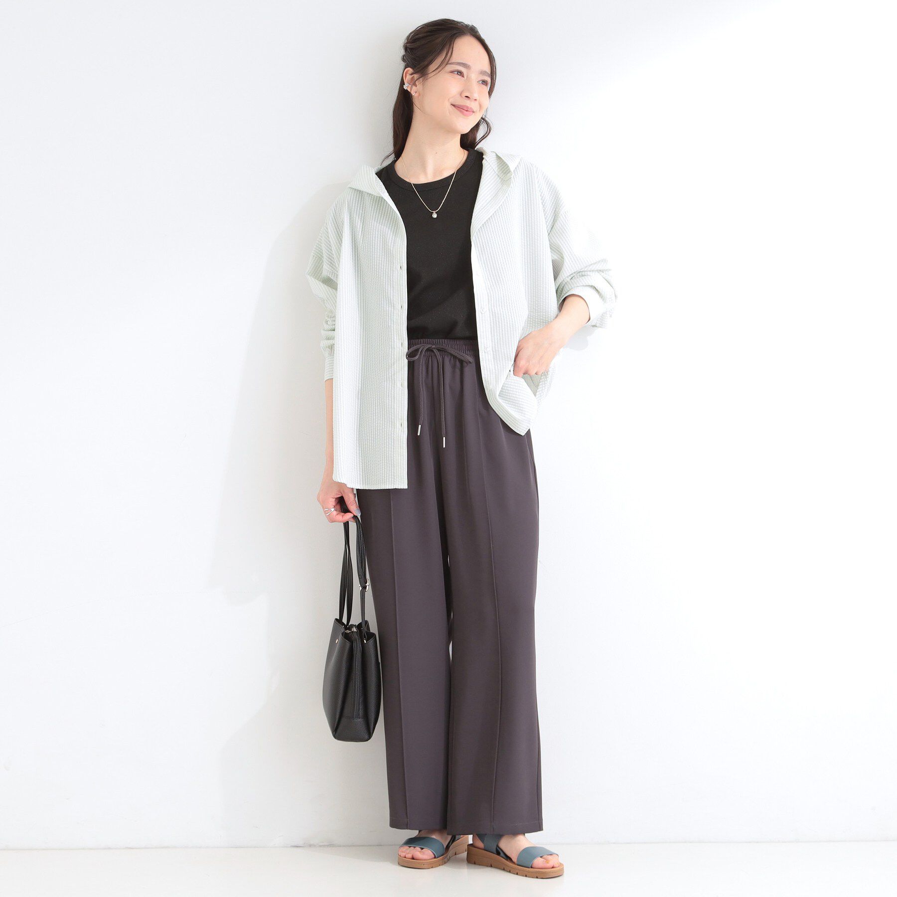 SHOO･LA･RUE「【洗濯機可/S-LL】体型カバーも叶う フード付きストライプシャツ」|シャツ・ブラウス|