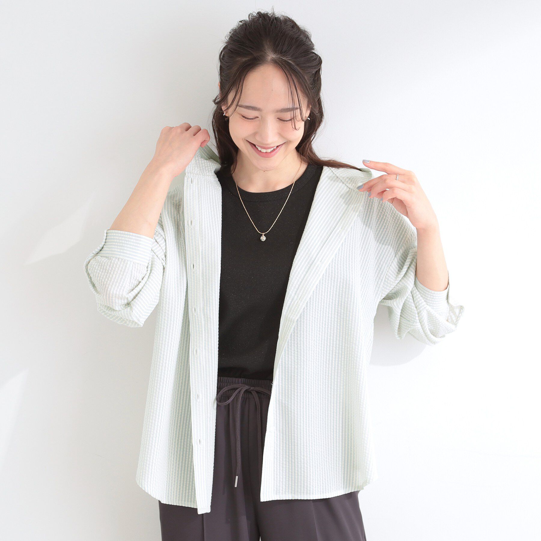 SHOO･LA･RUE「【洗濯機可/S-LL】体型カバーも叶う フード付きストライプシャツ」|シャツ・ブラウス|