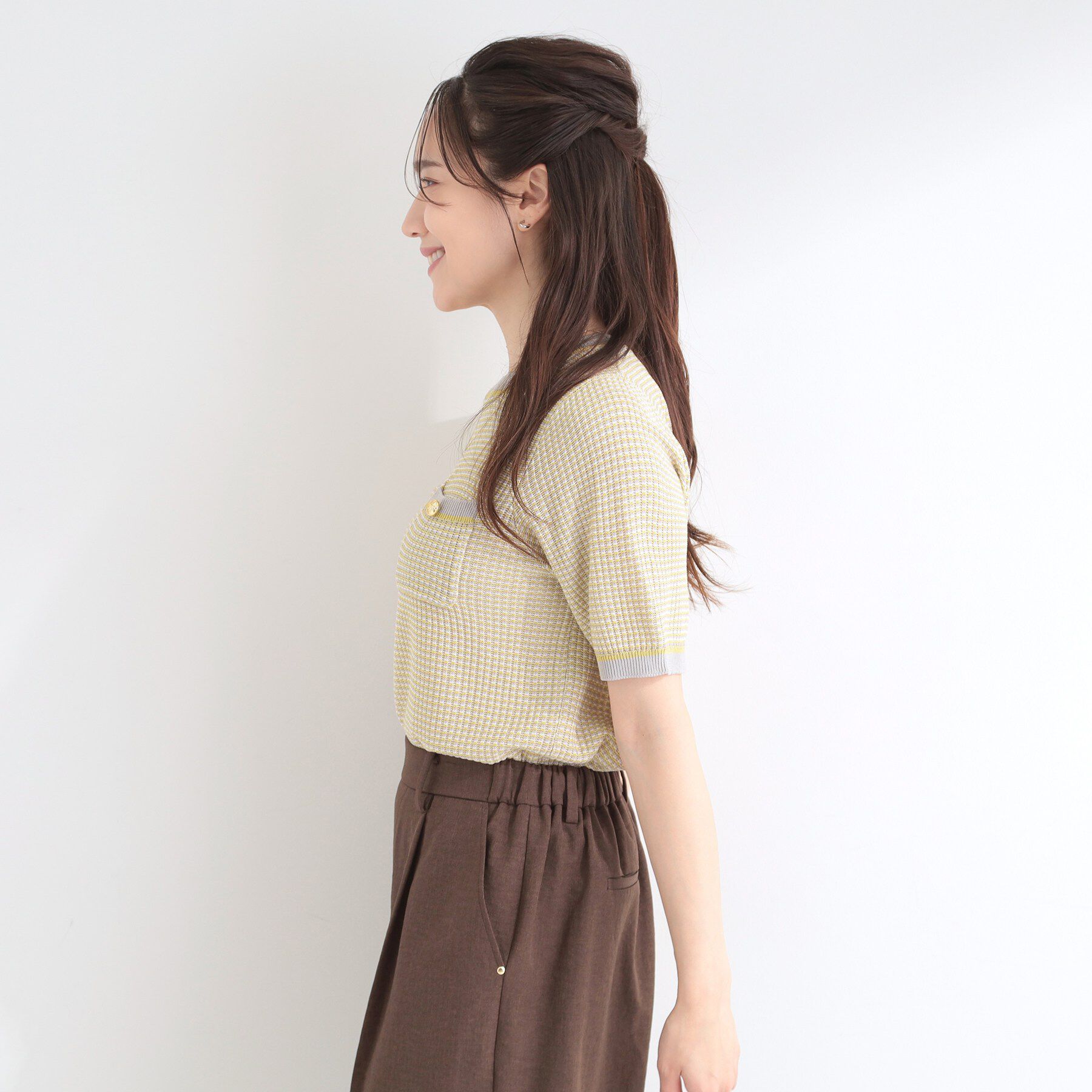 SHOO･LA･RUE「【洗濯機可/S-LL】金ボタンが上品 カノコ編み配色クルーネックニット」|ニット・セーター|