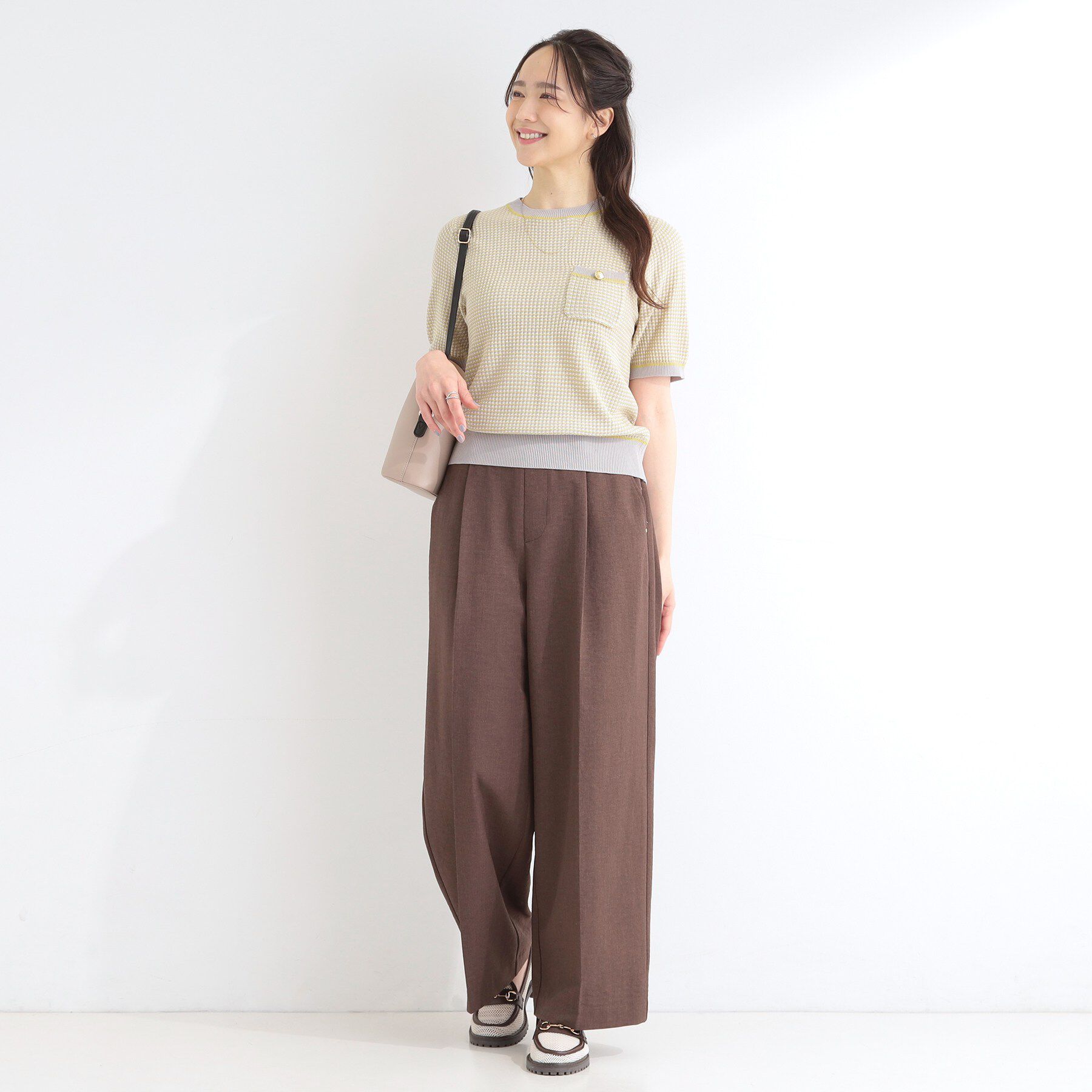 SHOO･LA･RUE「【洗濯機可/S-LL】金ボタンが上品 カノコ編み配色クルーネックニット」|ニット・セーター|