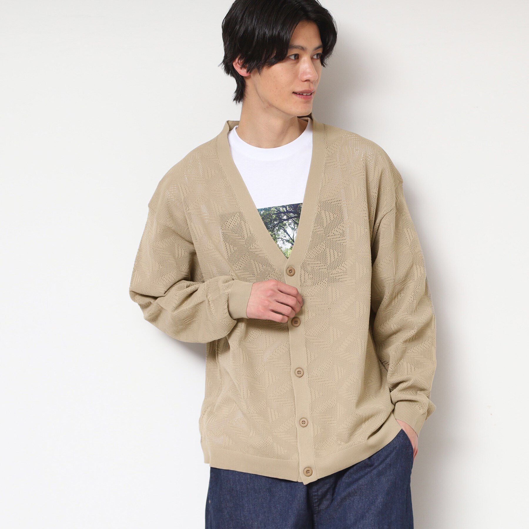 Dessin「【UV・洗える】透け柄ニットカーディガン」|カーディガン|ベージュ(052)