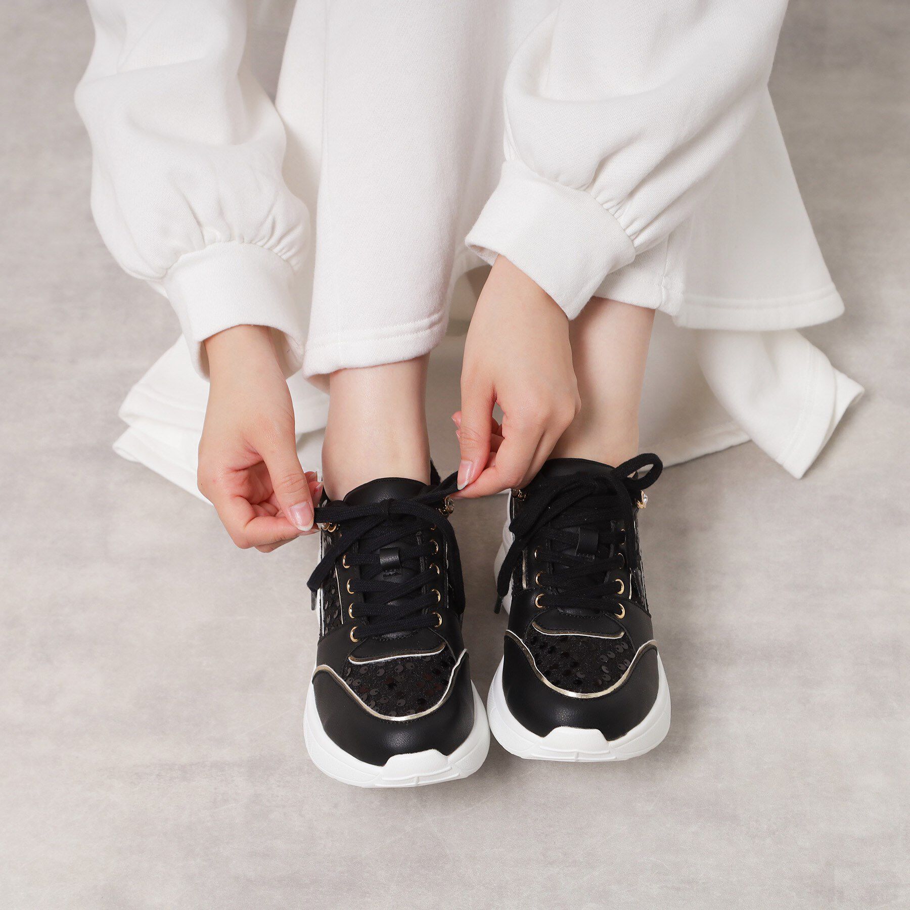 ESPERANZA「【EC先行販売】グリッター&times;ツイード ラインストーンスニーカー」|スニーカー|ブラック(919)