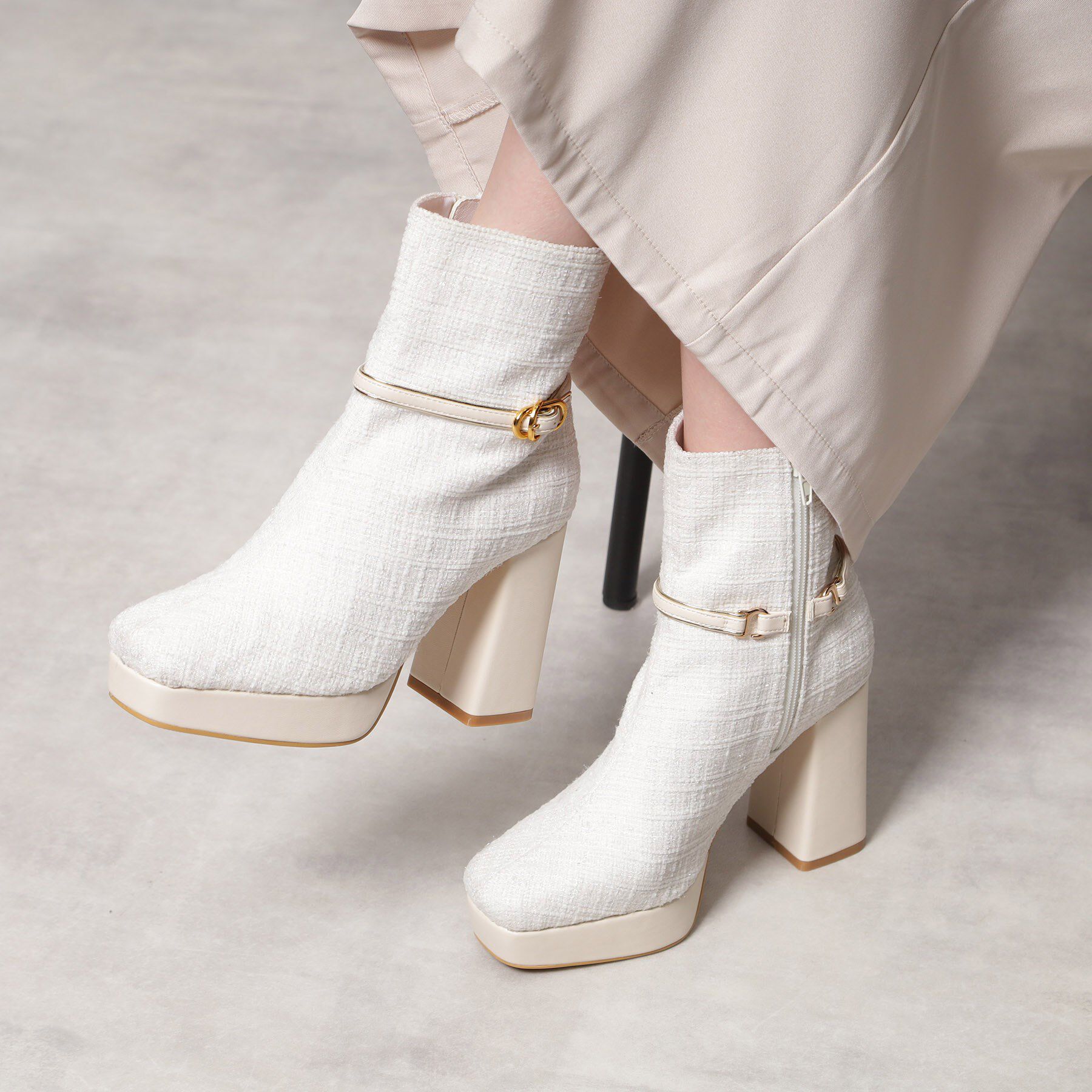 ESPERANZA「【EC先行販売】スクエアツイードショートブーツ」|ショートブーツ|アイボリー(304)