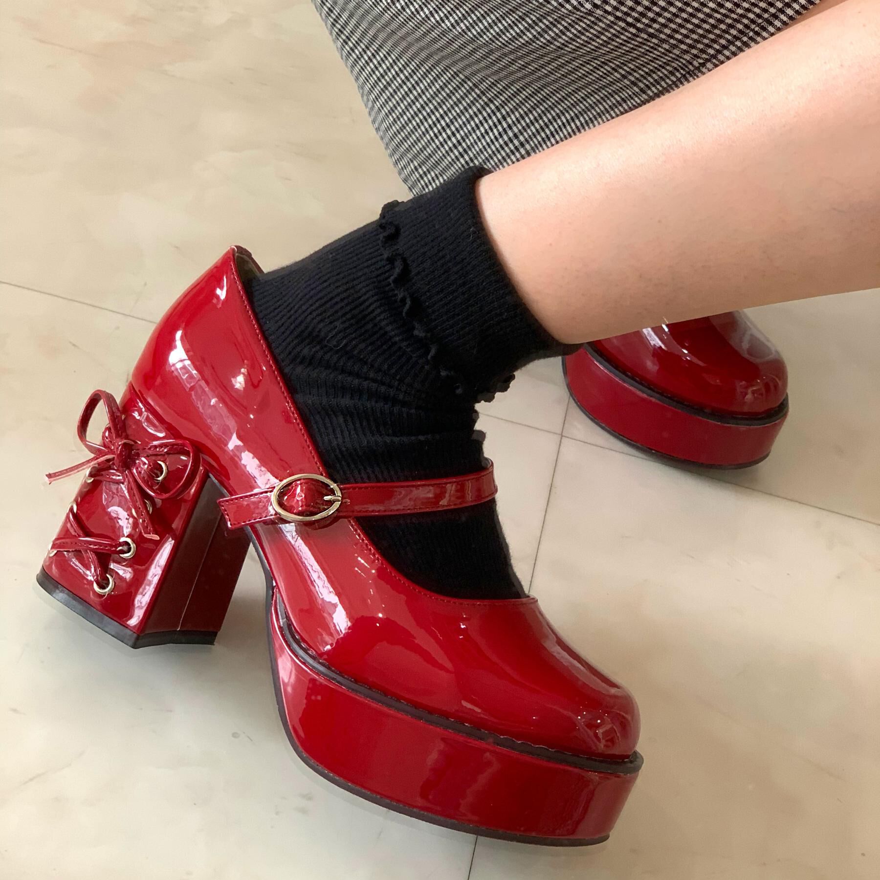 csT&P「厚底ヒールレースアップパンプス」|パンプス|レッド(262)