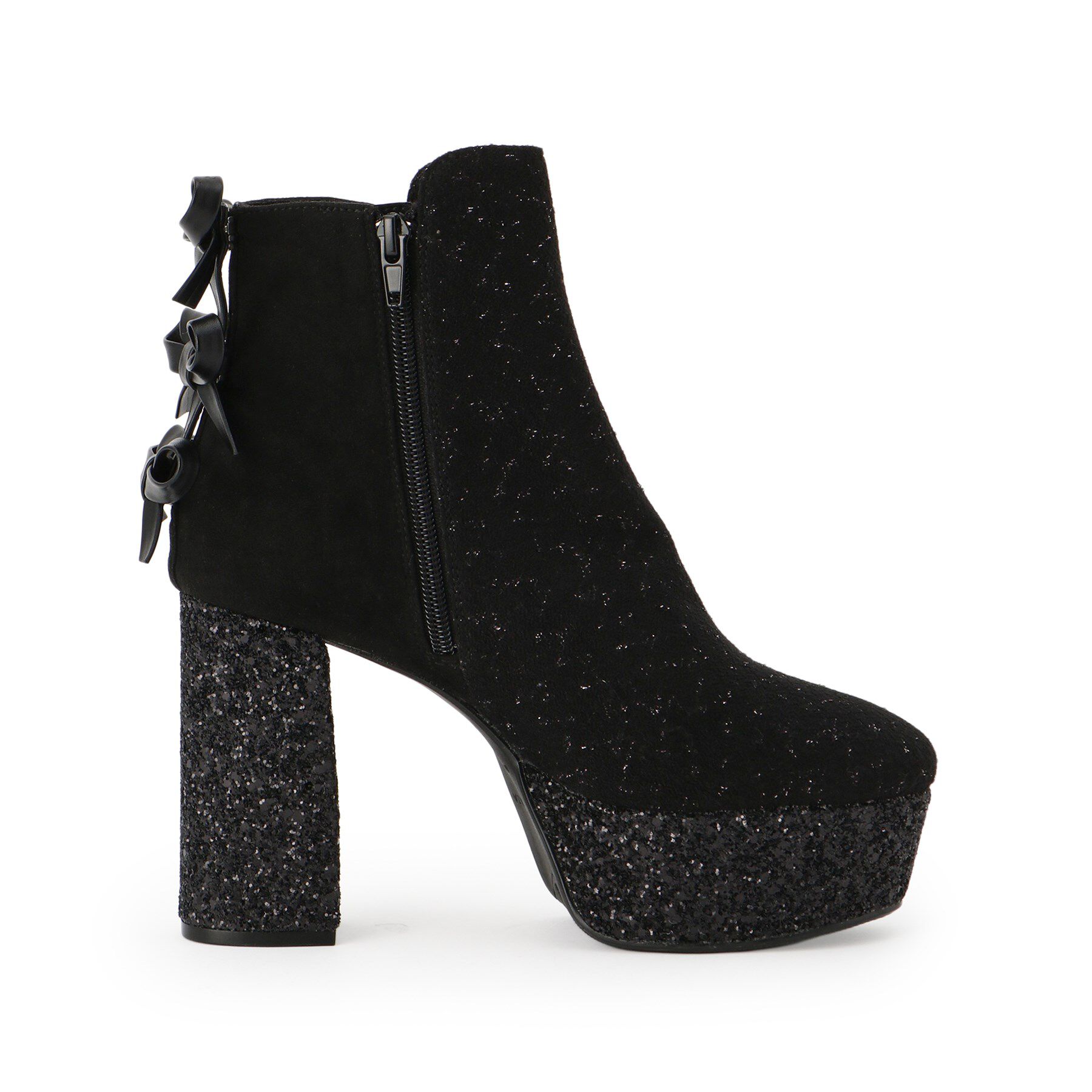 ESPERANZA「【ラク盛り/ショートブーツ】リピーター続出／脚長美脚 バックリボングリッターヒールショートブーツ」|ショートブーツ|