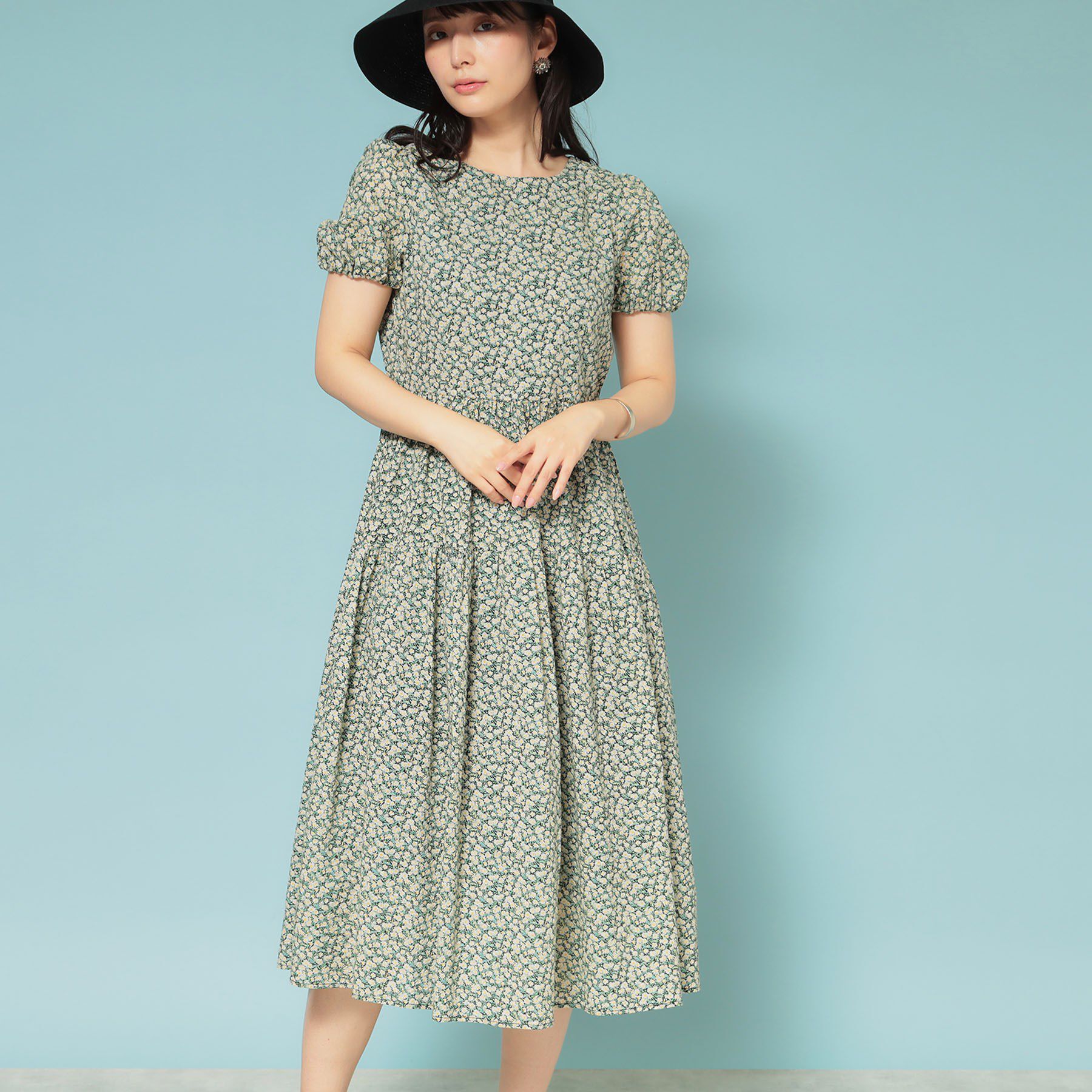 SunaUna「【花柄】パフスリーブワンピース」|ワンピース|ブラック(119)