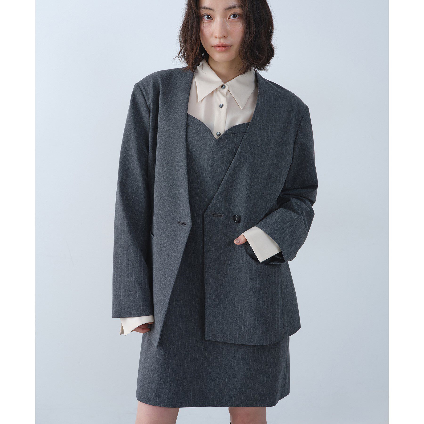 CODE A「tailored mood over jacket」|ノーカラージャケット|グレー(312)