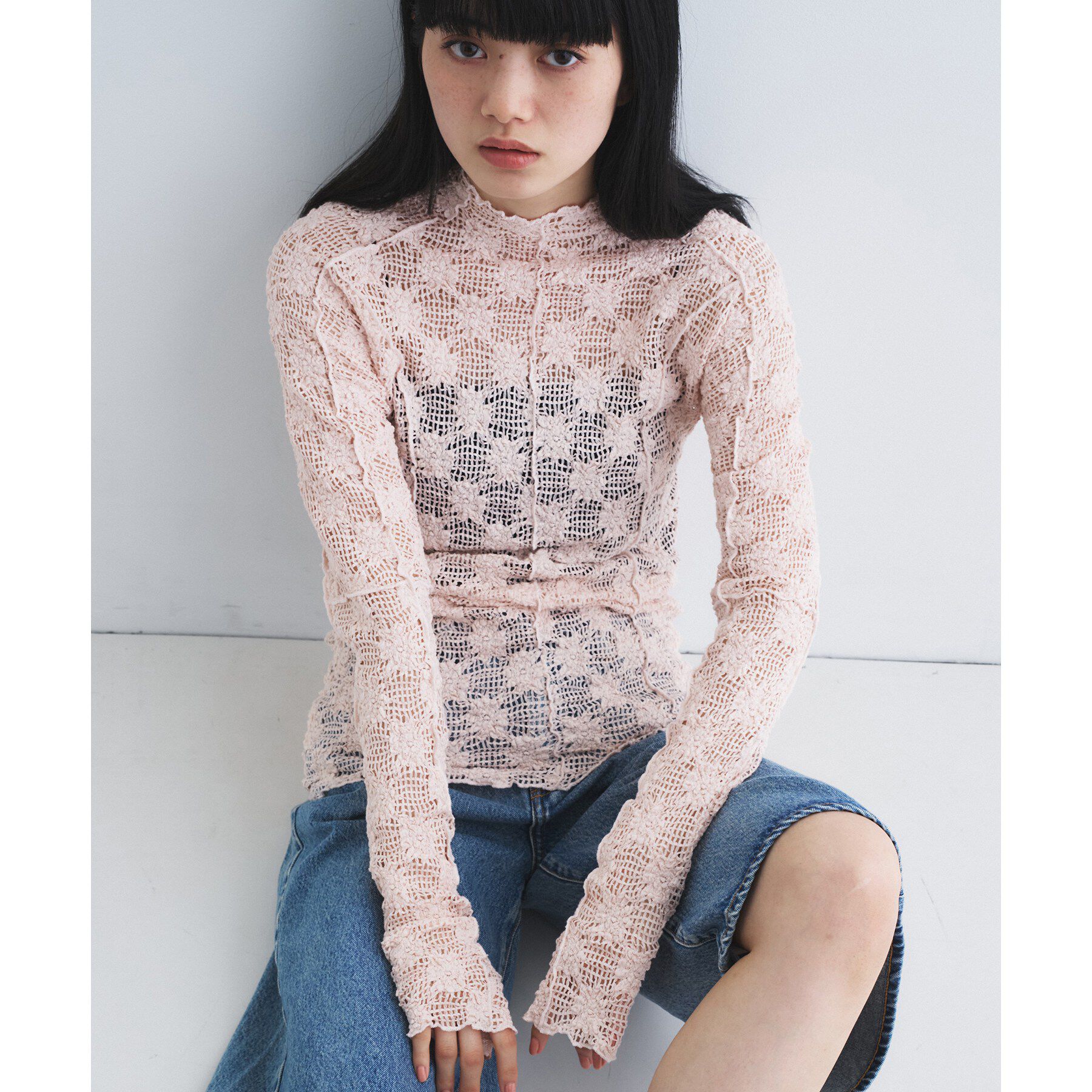 CODE A「floral lace highneck tops」|Tシャツ・カットソー|ライトピンク(070